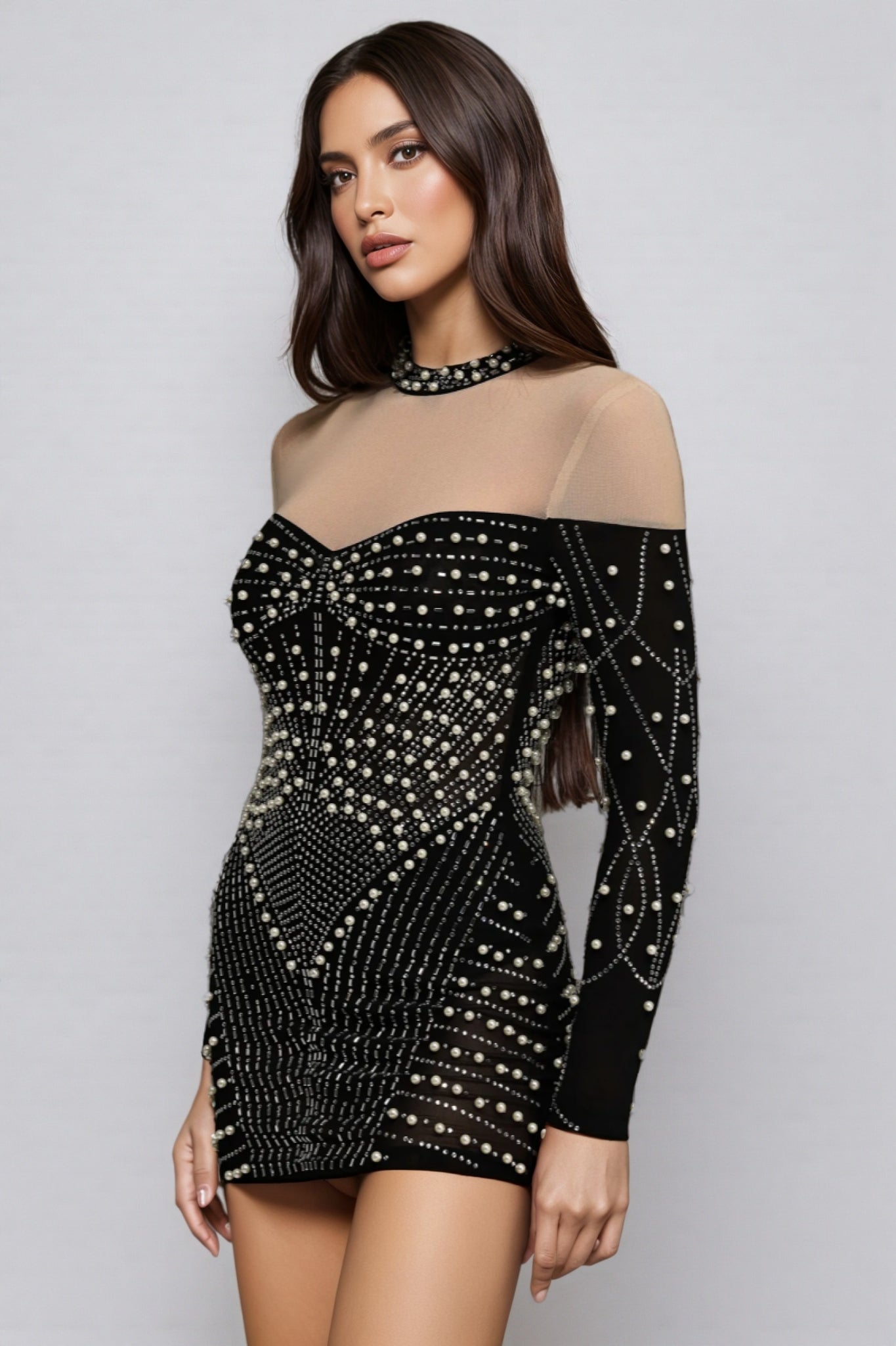 Pearl Rhinestone Illusion Mesh Mock Neck Long Sleeve Bodycon Mini Dress