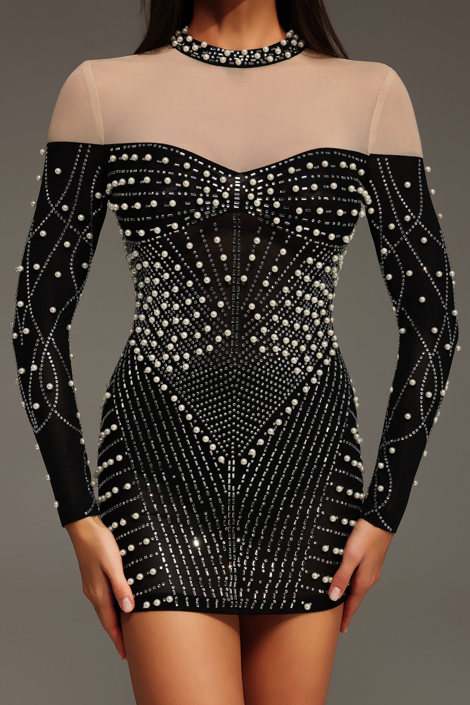 Long Sleeve Pearl Rhinestone Mesh Illusion Bodycon Mini Dress