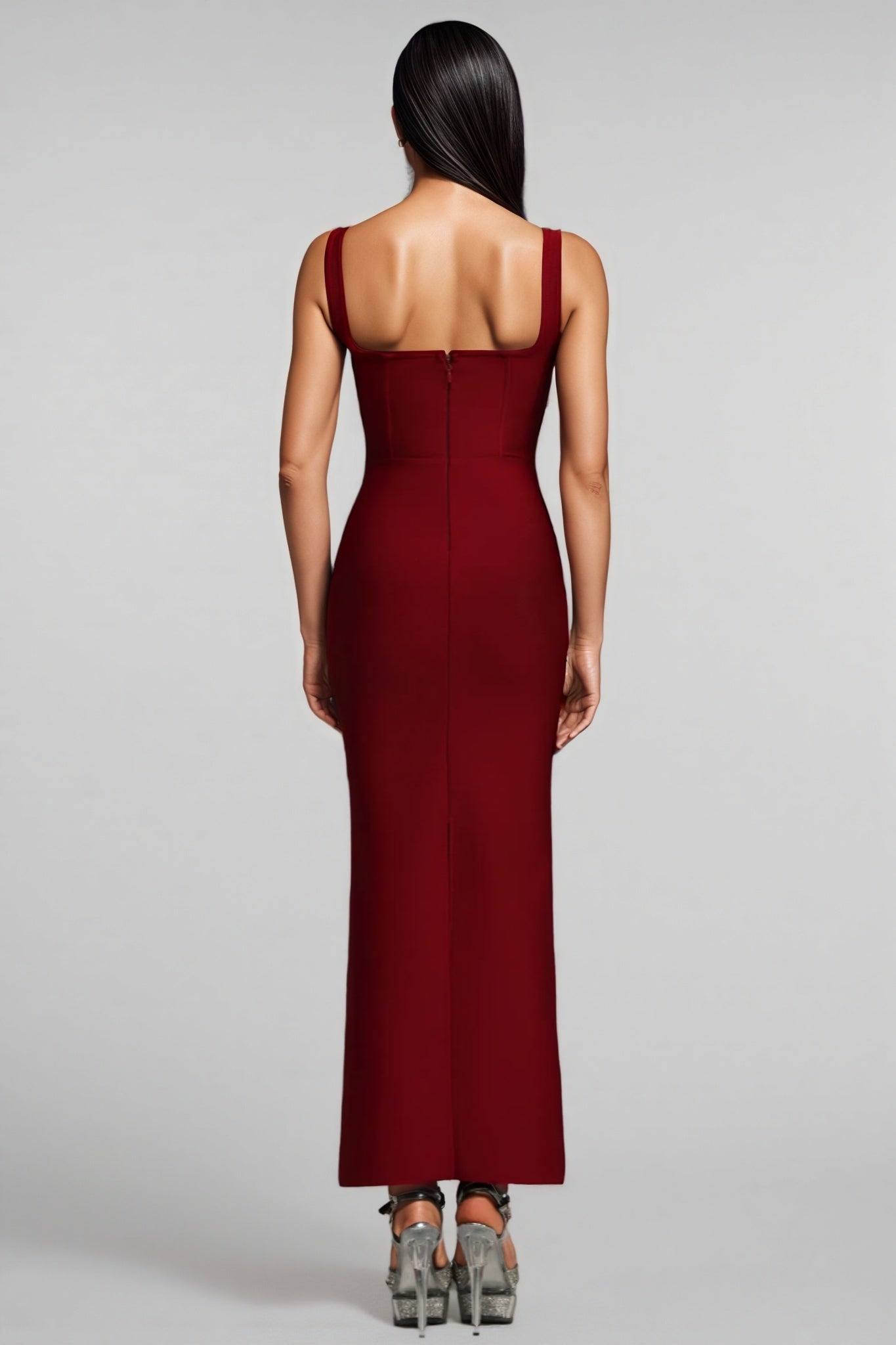 Crystal Starburst Embellished Square Neck Wide Strap Bodycon Maxi Dress