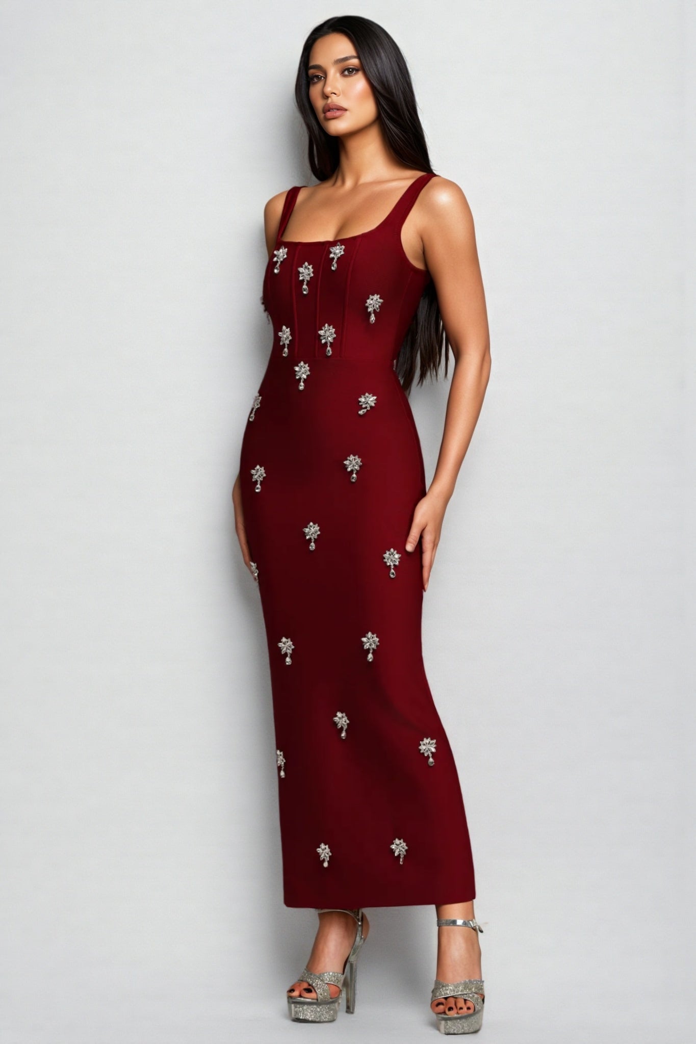 Crystal Starburst Embellished Square Neck Wide Strap Bodycon Maxi Dress