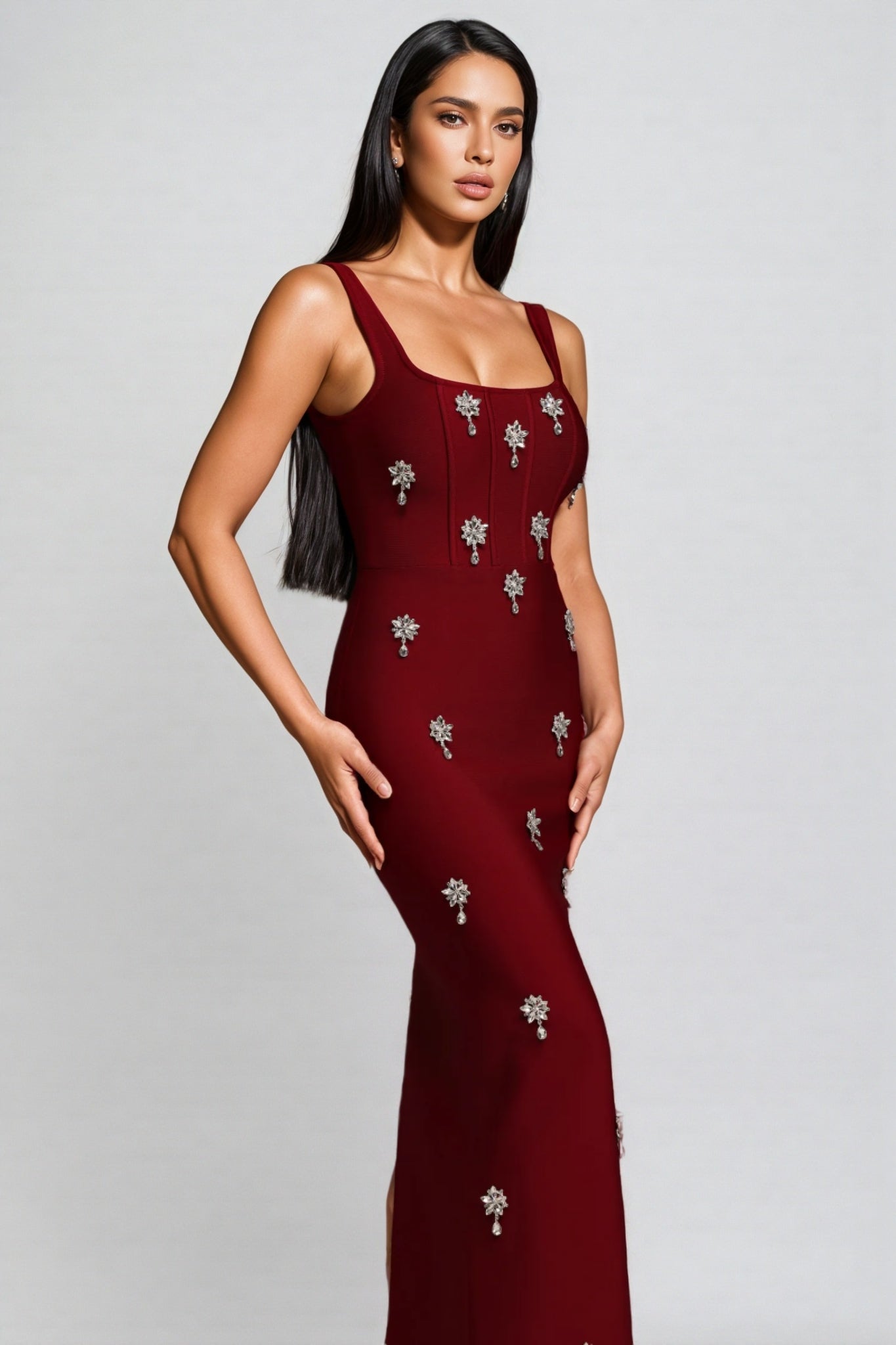 Crystal Starburst Embellished Square Neck Wide Strap Bodycon Maxi Dress