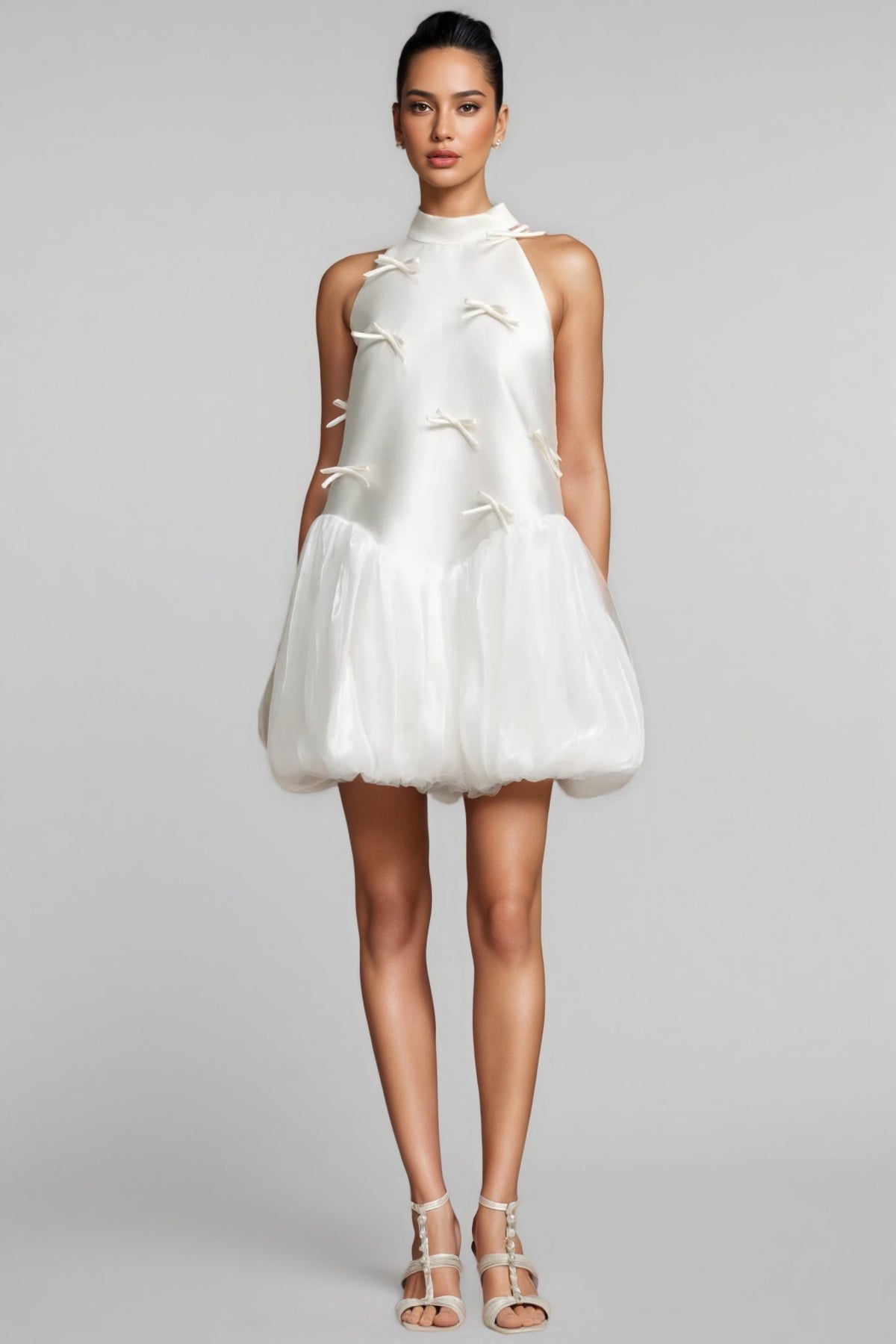 Mock Neck Sleeveless Bow Applique Bubble Hem Satin Mini Dress