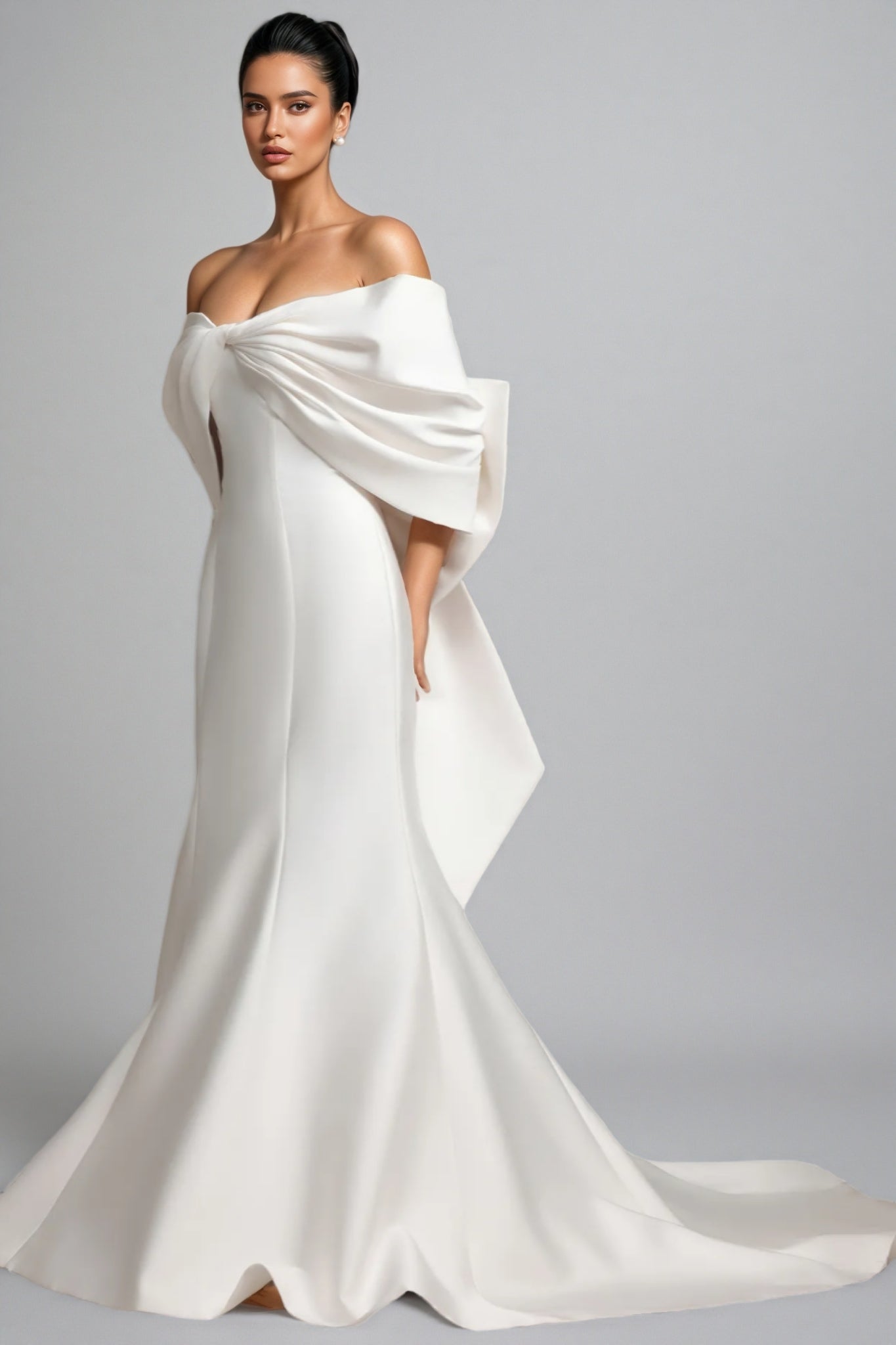 Satin Off Shoulder Architectural Bow Detail Mermaid Wedding Maxi Gown
