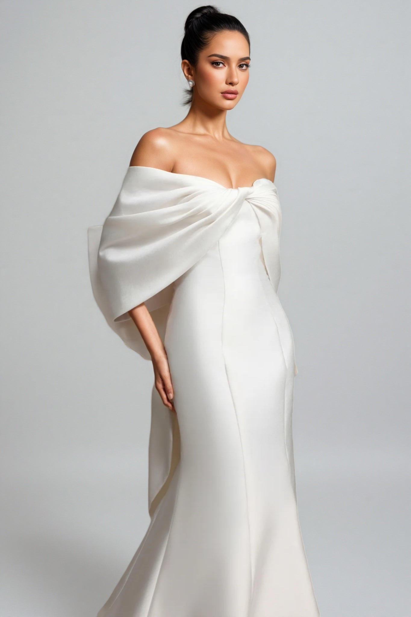 Satin Off Shoulder Architectural Bow Detail Mermaid Wedding Maxi Gown