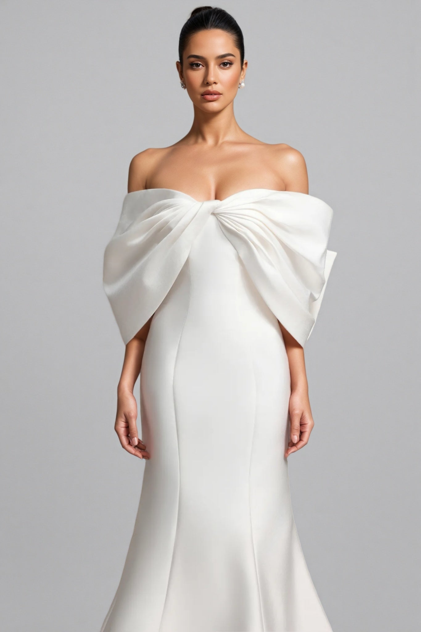 Satin Off Shoulder Architectural Bow Detail Mermaid Wedding Maxi Gown