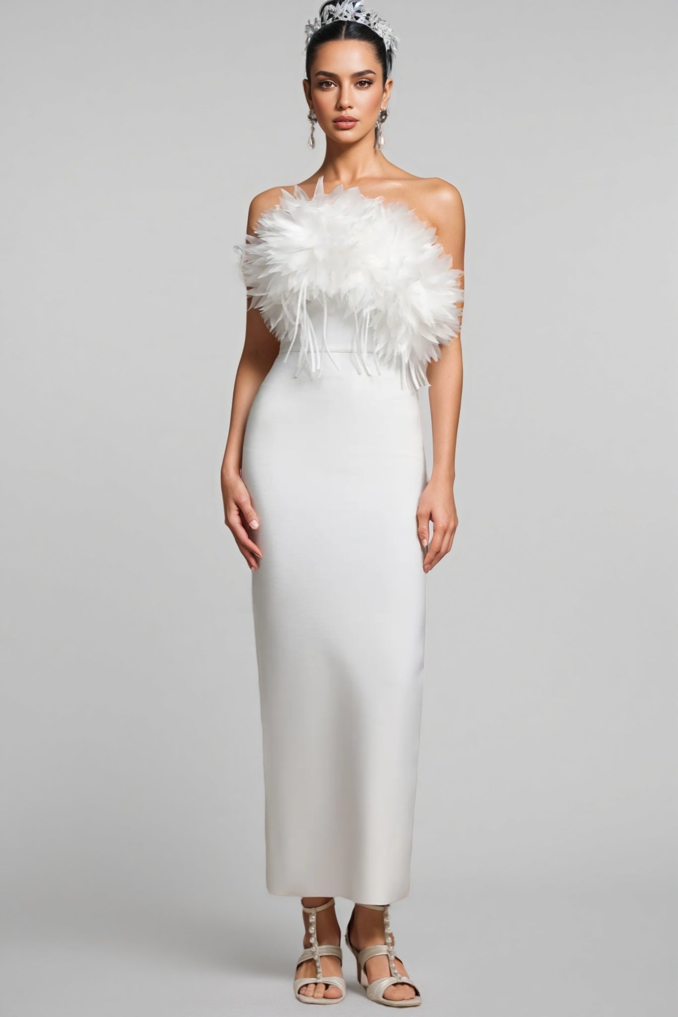 Feather Trim Strapless Column Bodycon Maxi Gown