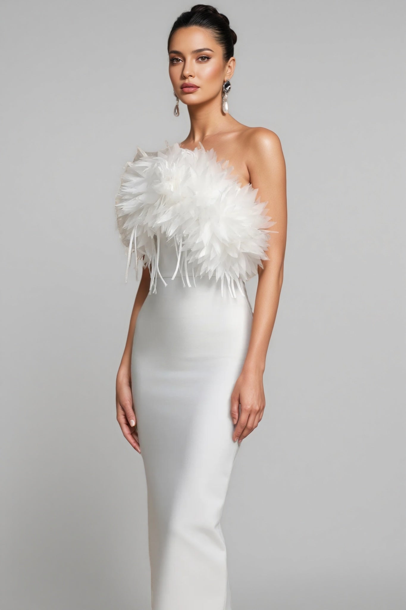 Feather Trim Strapless Column Bodycon Maxi Gown