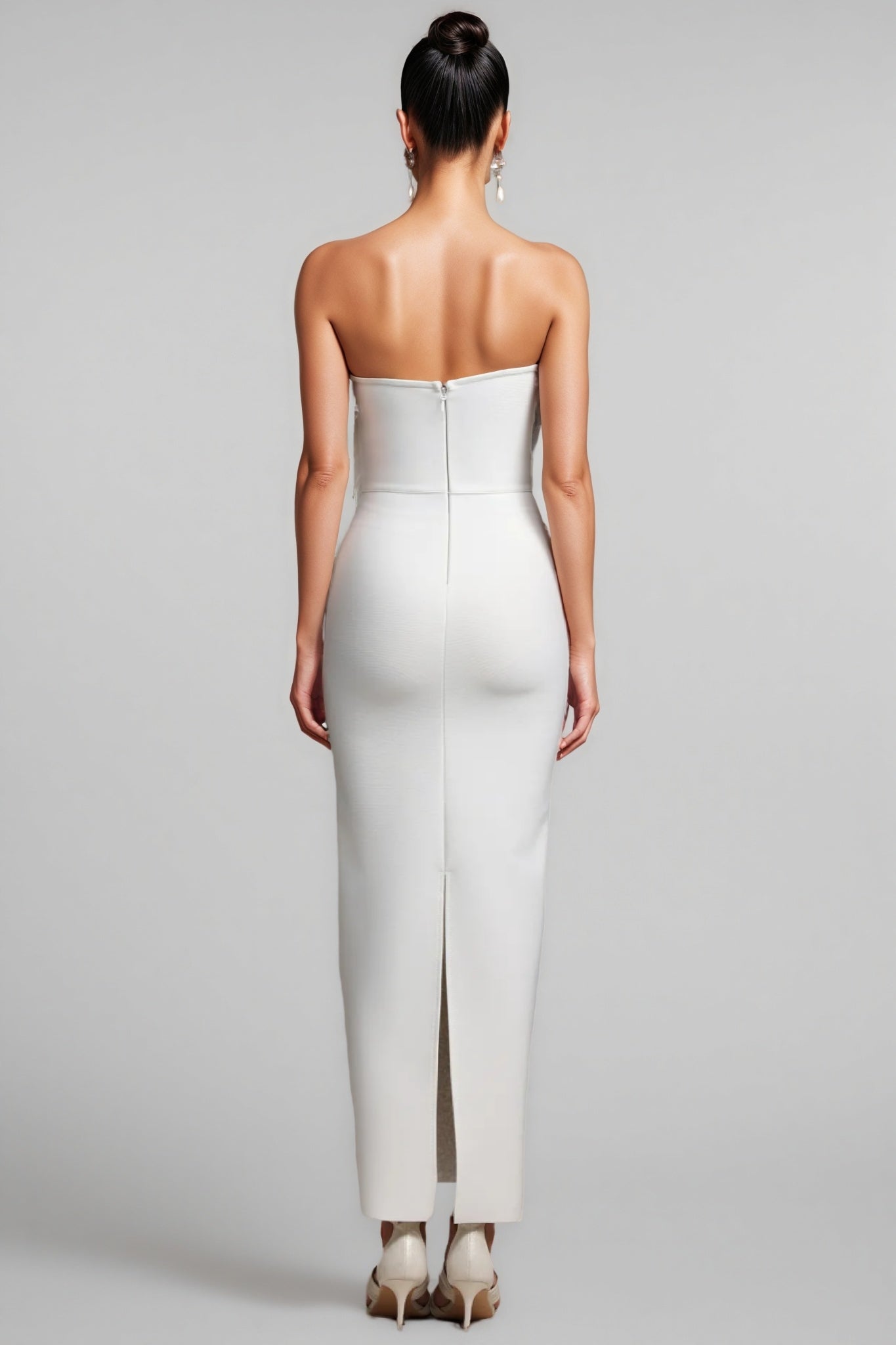 Feather Trim Strapless Column Bodycon Maxi Gown