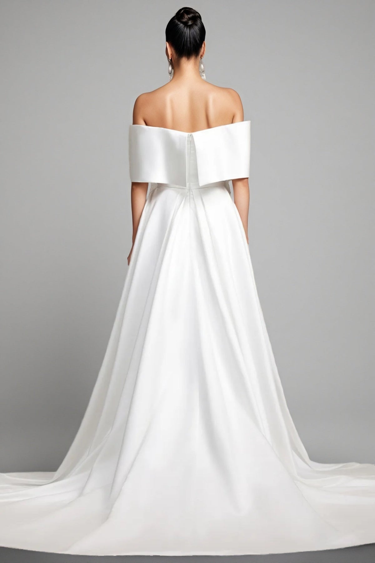 Satin Off Shoulder Sweetheart Neck Overskirt Train Wedding Gown 5