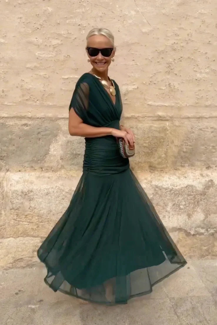 Chiffon Deep V-Neck Short Sleeve Ruched Waist Maxi Dress