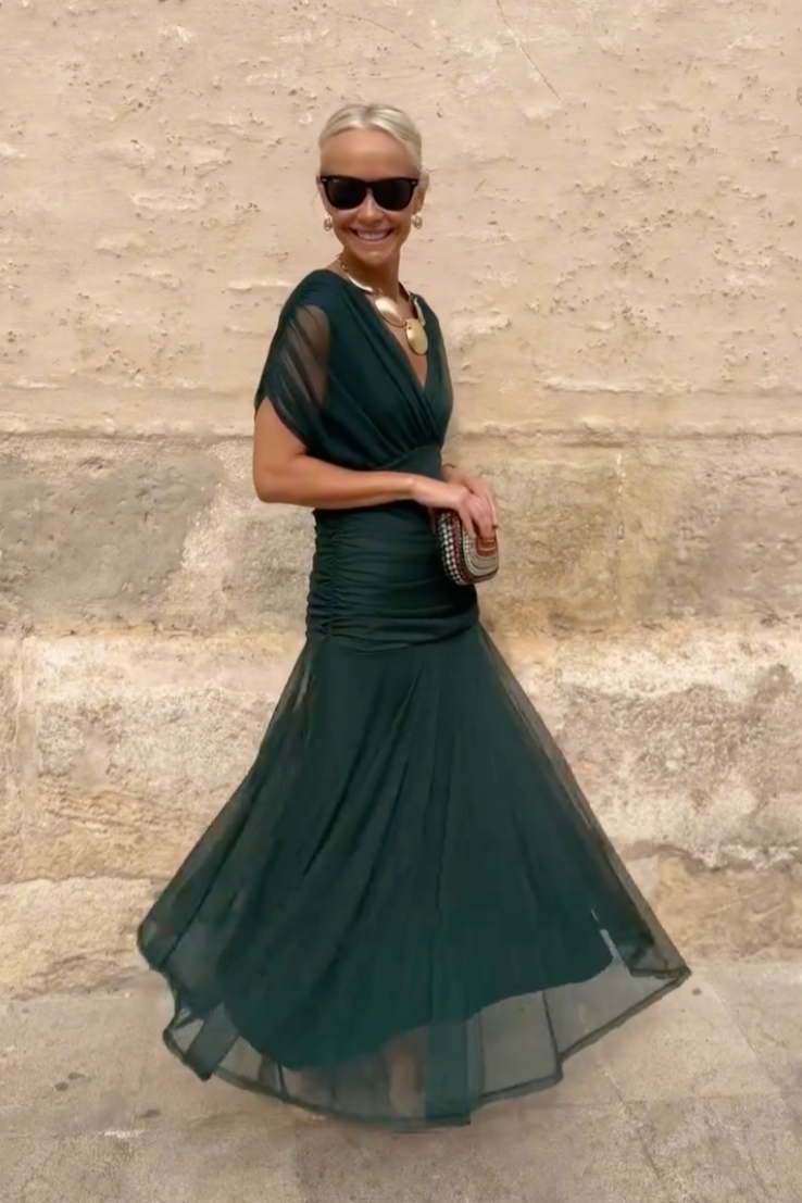 V-Neck Short Sleeve Chiffon Ruched Maxi Dress 9