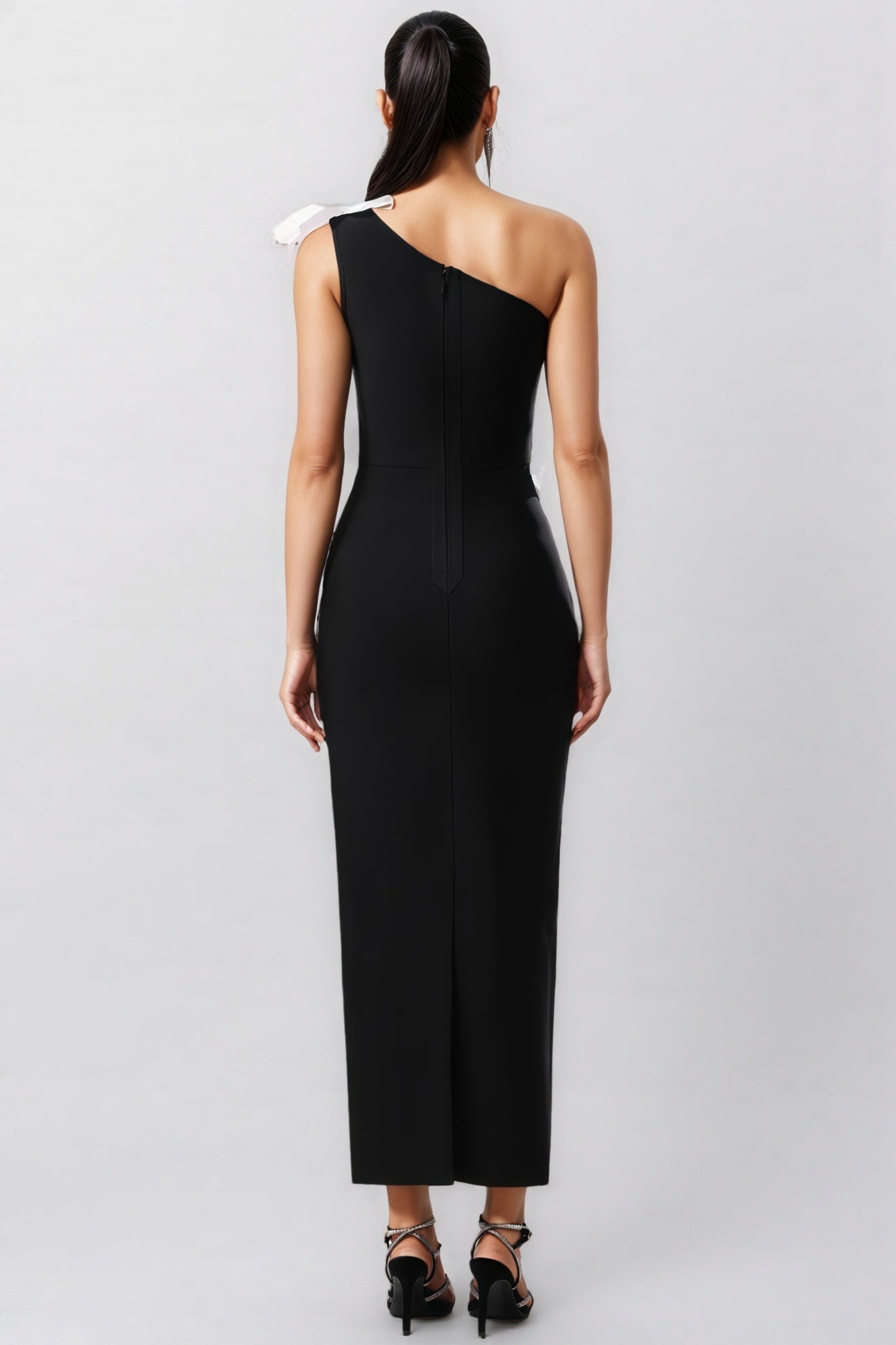One Shoulder 3D Floral Appliqué Bodycon Ankle Length Maxi Dress