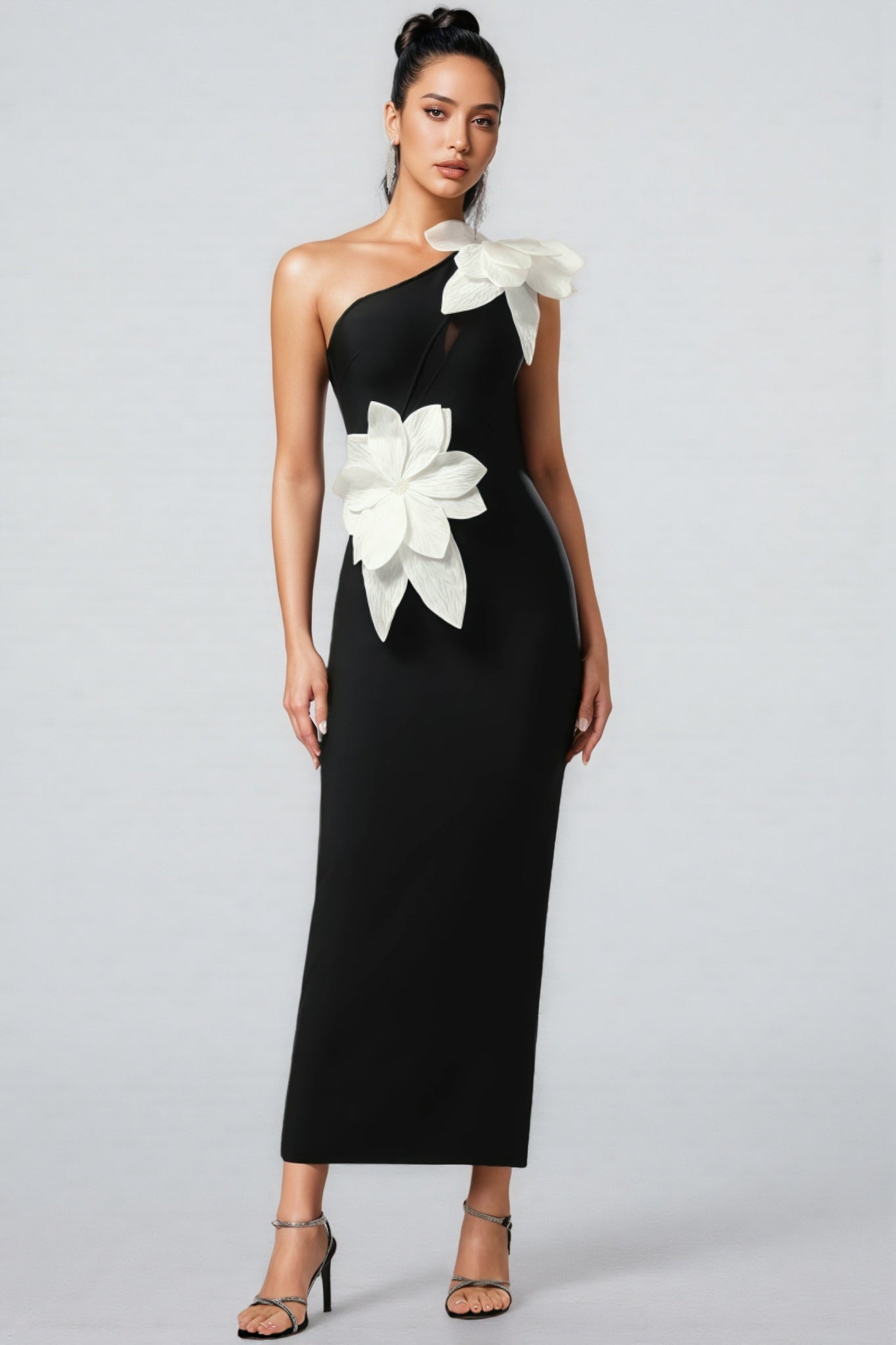 One Shoulder 3D Floral Appliqué Bodycon Ankle Length Maxi Dress