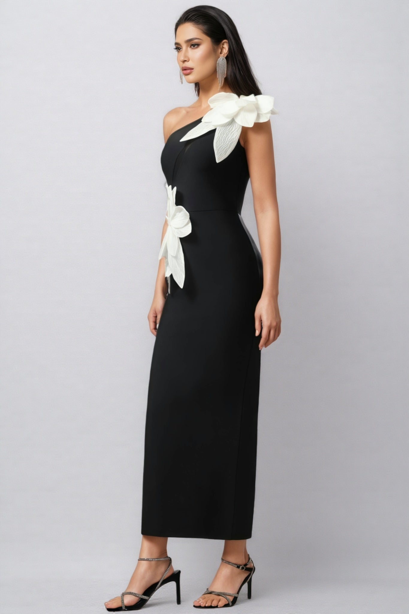One Shoulder 3D Floral Appliqué Bodycon Ankle Length Maxi Dress