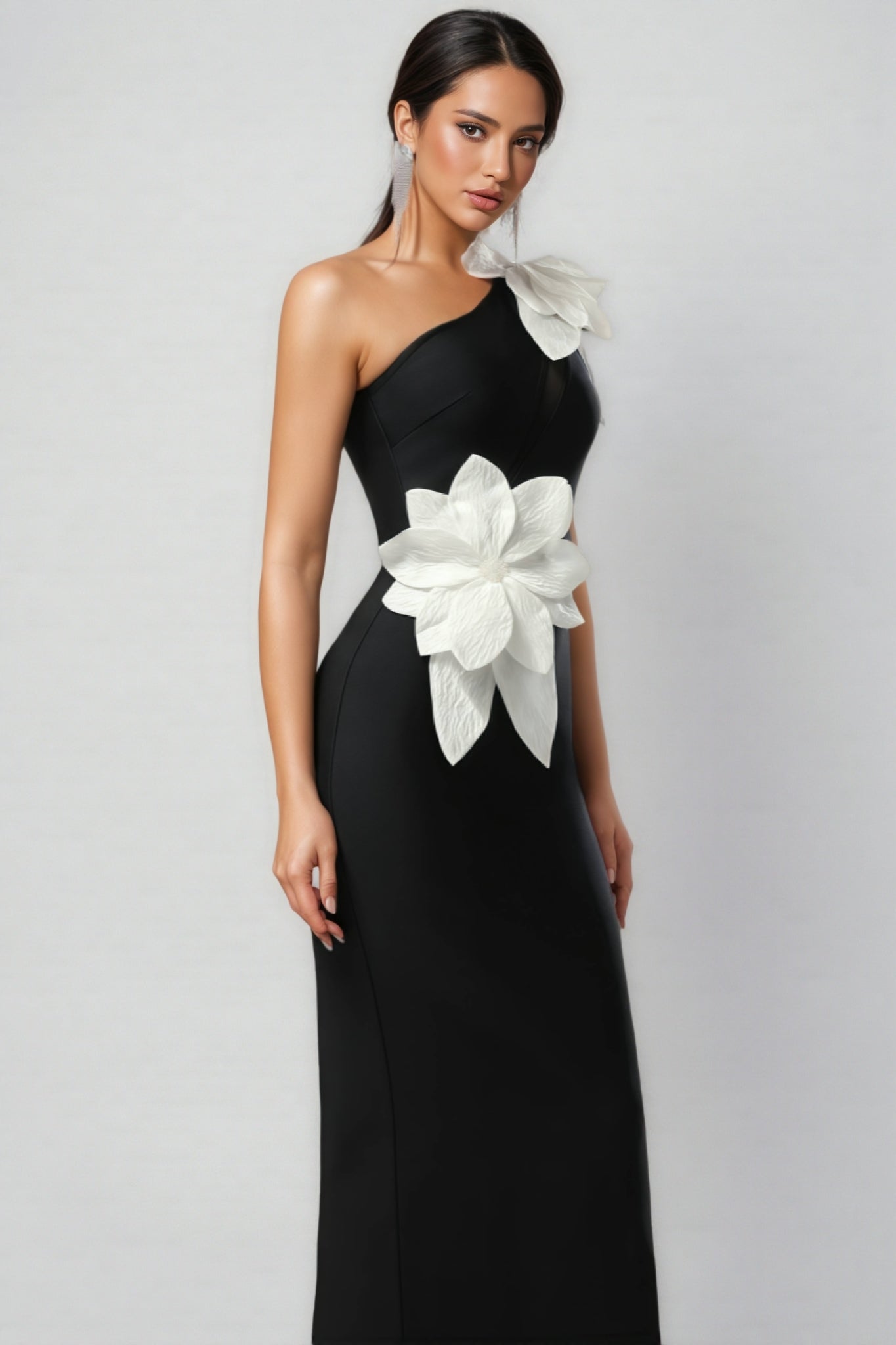 One Shoulder 3D Floral Appliqué Bodycon Ankle Length Maxi Dress
