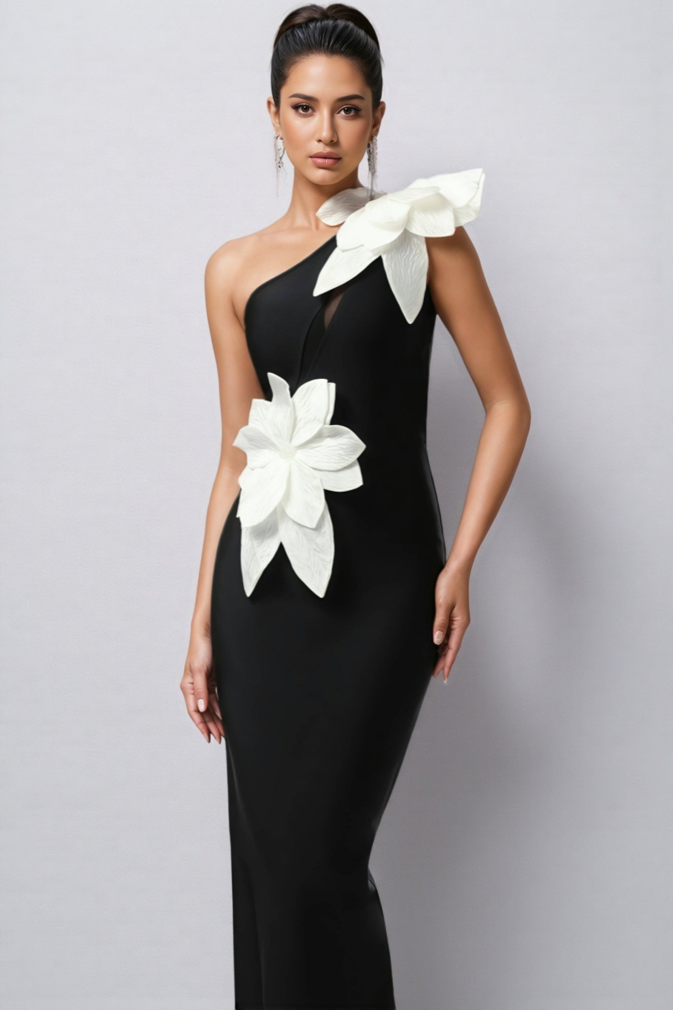 One Shoulder 3D Floral Appliqué Bodycon Ankle Length Maxi Dress