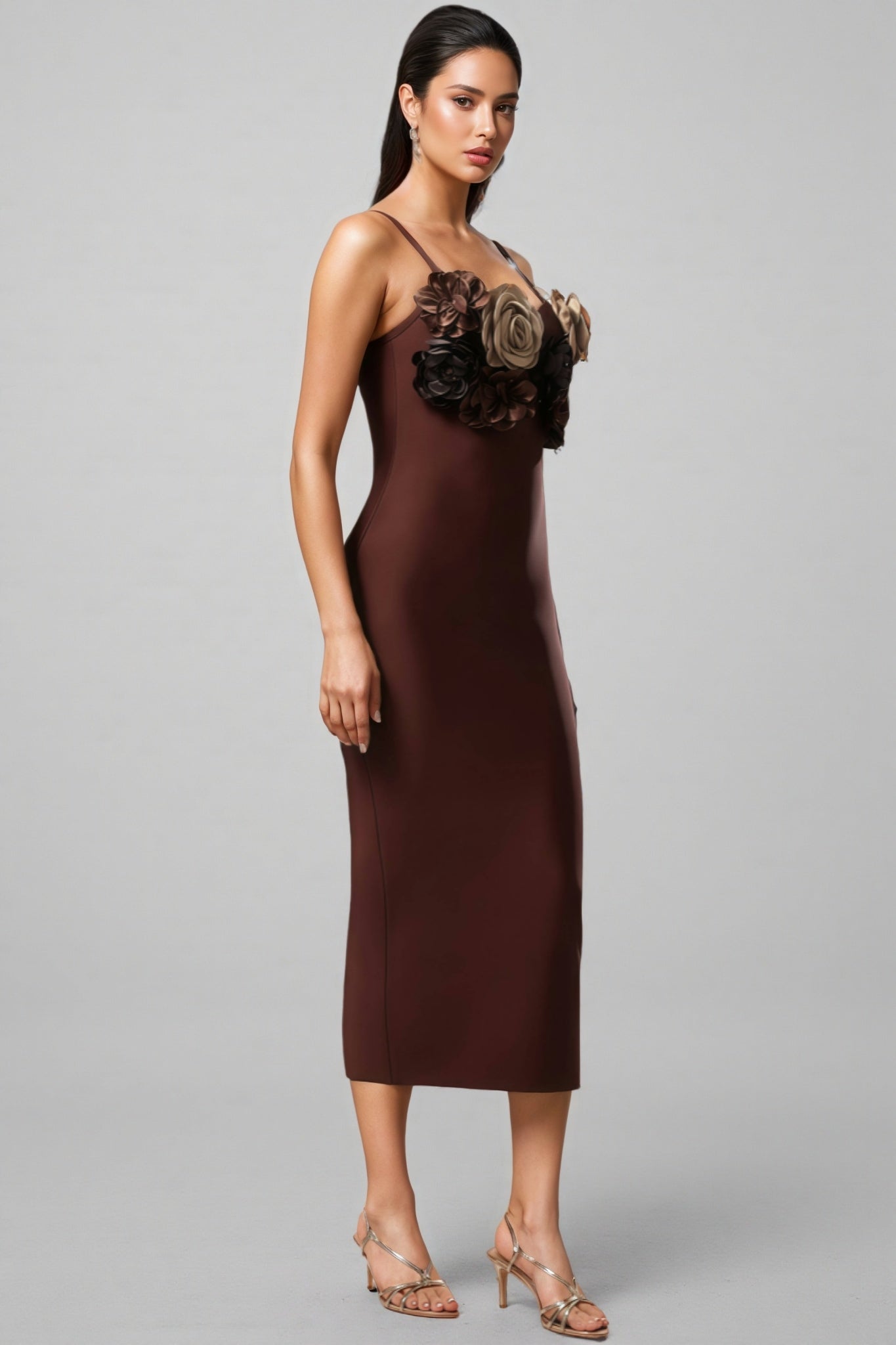 V-Neck Bandage 3D Floral Midi Dress - View 3