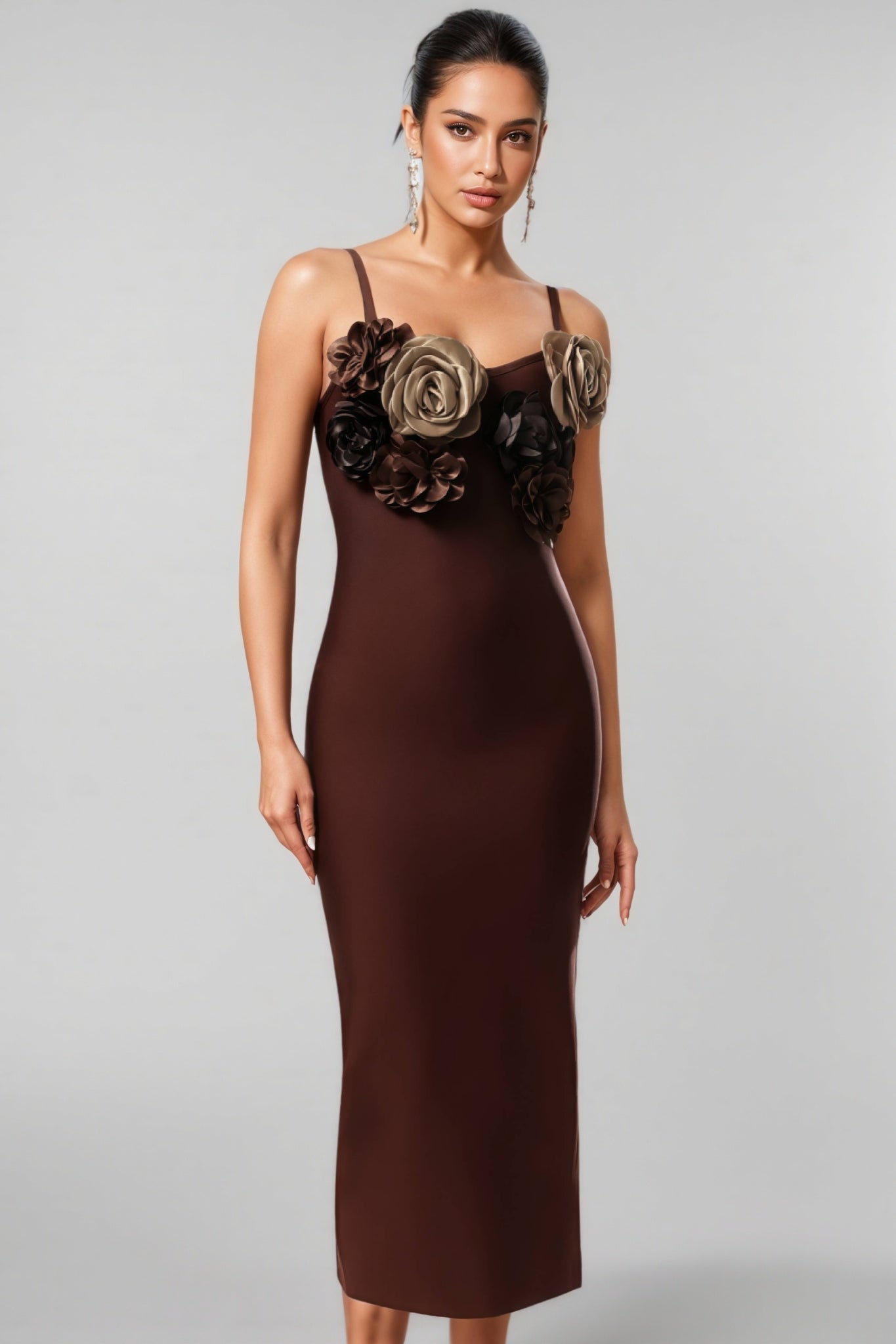 V-Neck Bandage 3D Floral Midi Dress - View 5