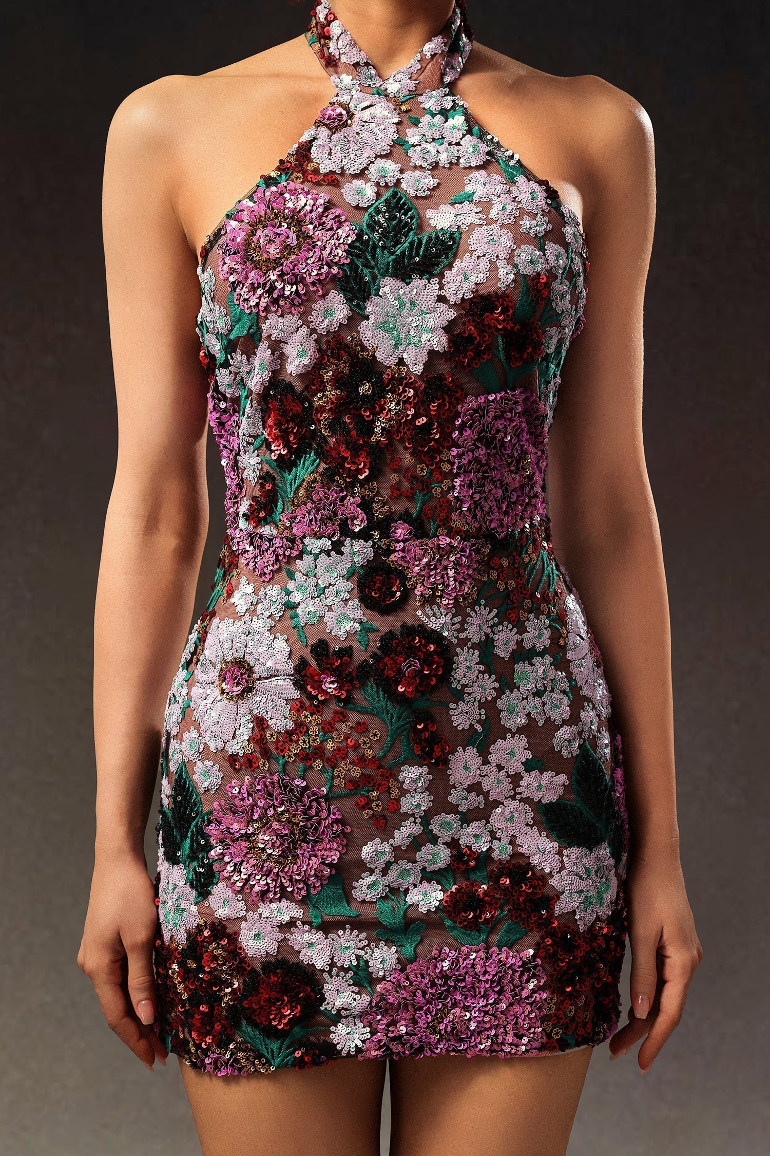 Halter Neck Sleeveless Floral Sequin Bodycon Mini Dress