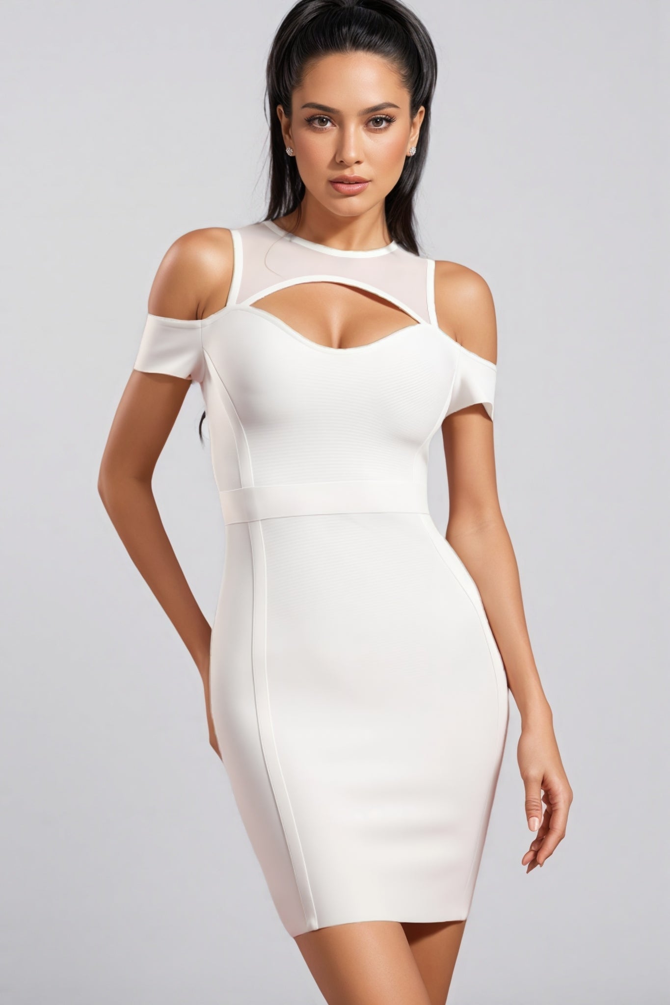 Mesh High Neck Cut Out Cold Shoulder Bandage Bodycon Mini Dress