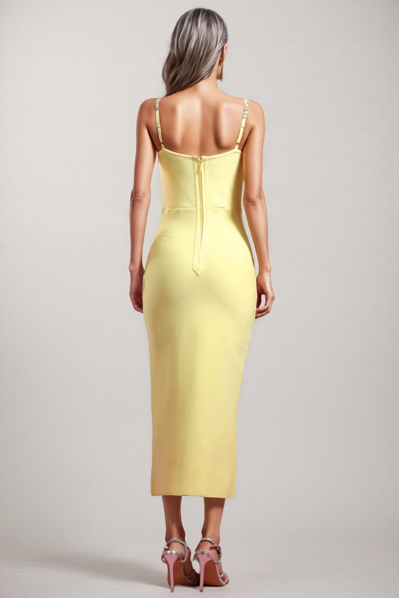 Bandage Sweetheart Corset Bustier Rhinestone Strap High Split Midi Dress