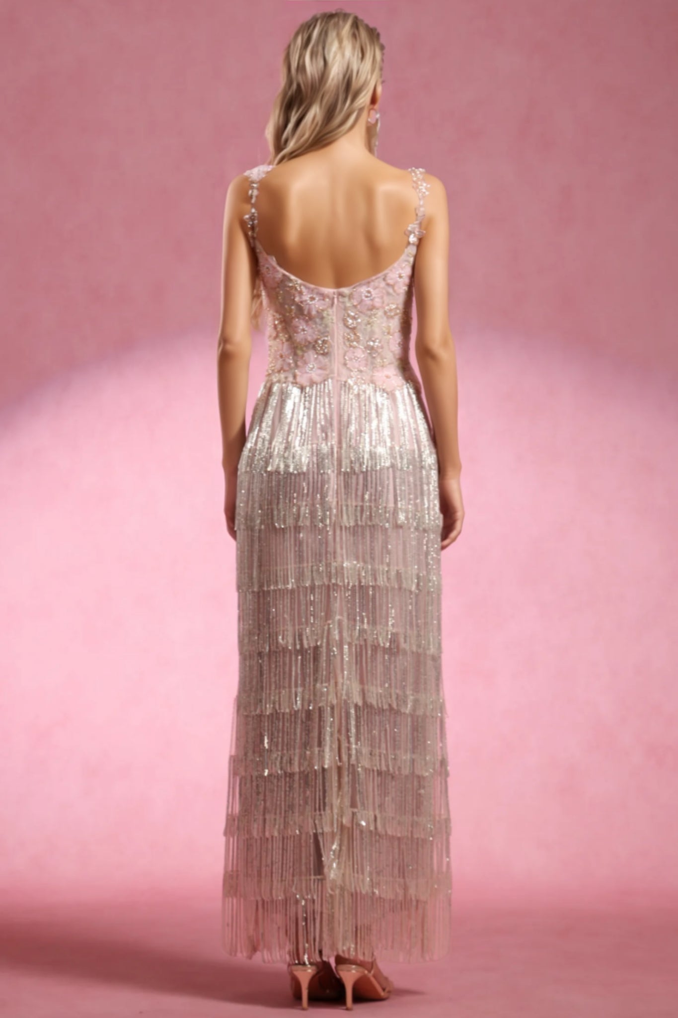 Square Neck 3D Floral Beaded Tiered Metallic Fringe Maxi Gown