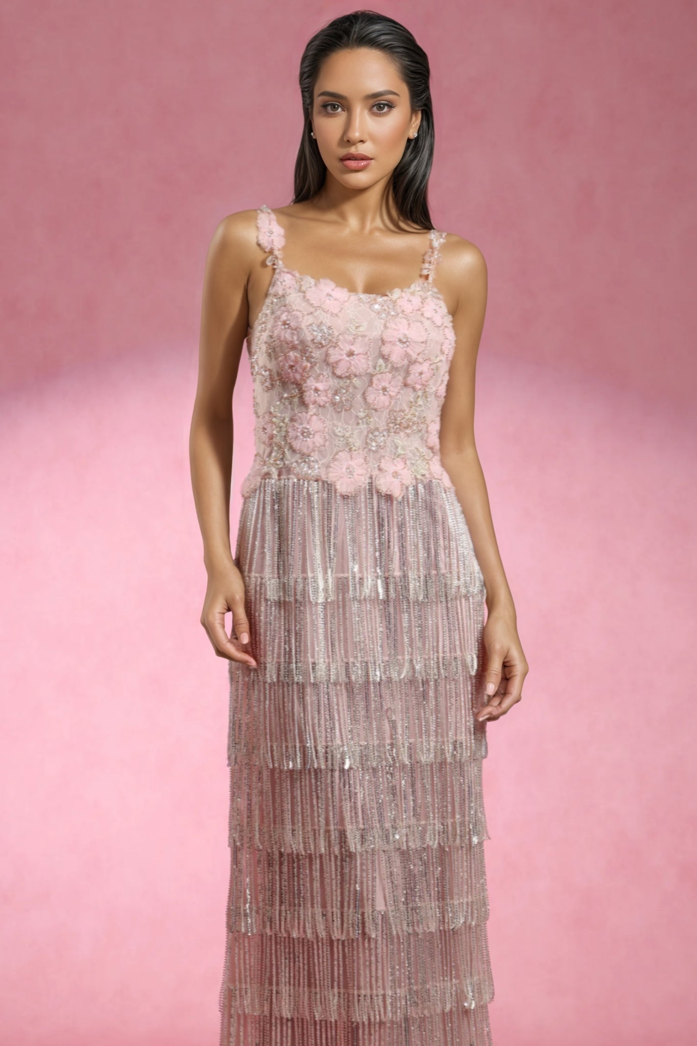 Square Neck 3D Floral Beaded Tiered Metallic Fringe Maxi Gown