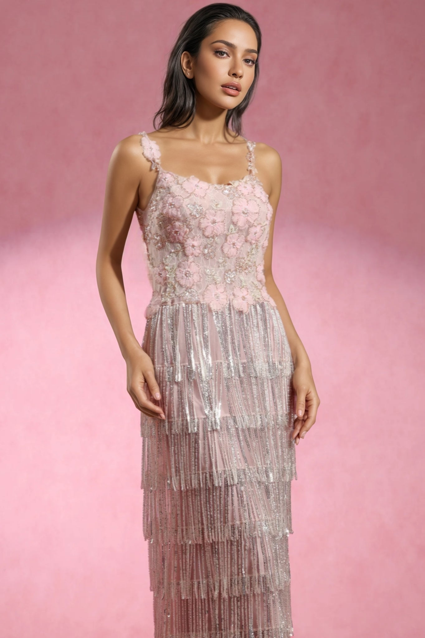 Square Neck 3D Floral Beaded Tiered Metallic Fringe Maxi Gown