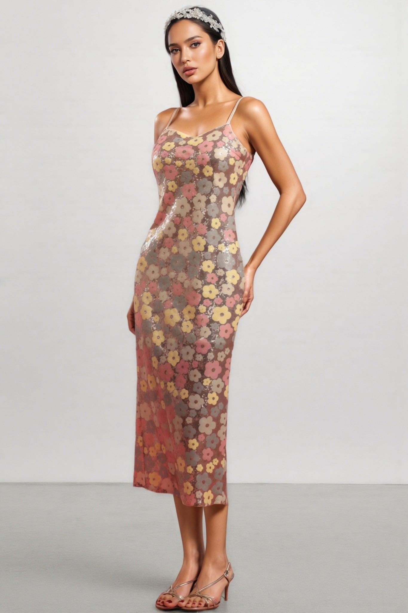 Floral Sequin Spaghetti Strap Bodycon Midi Dress
