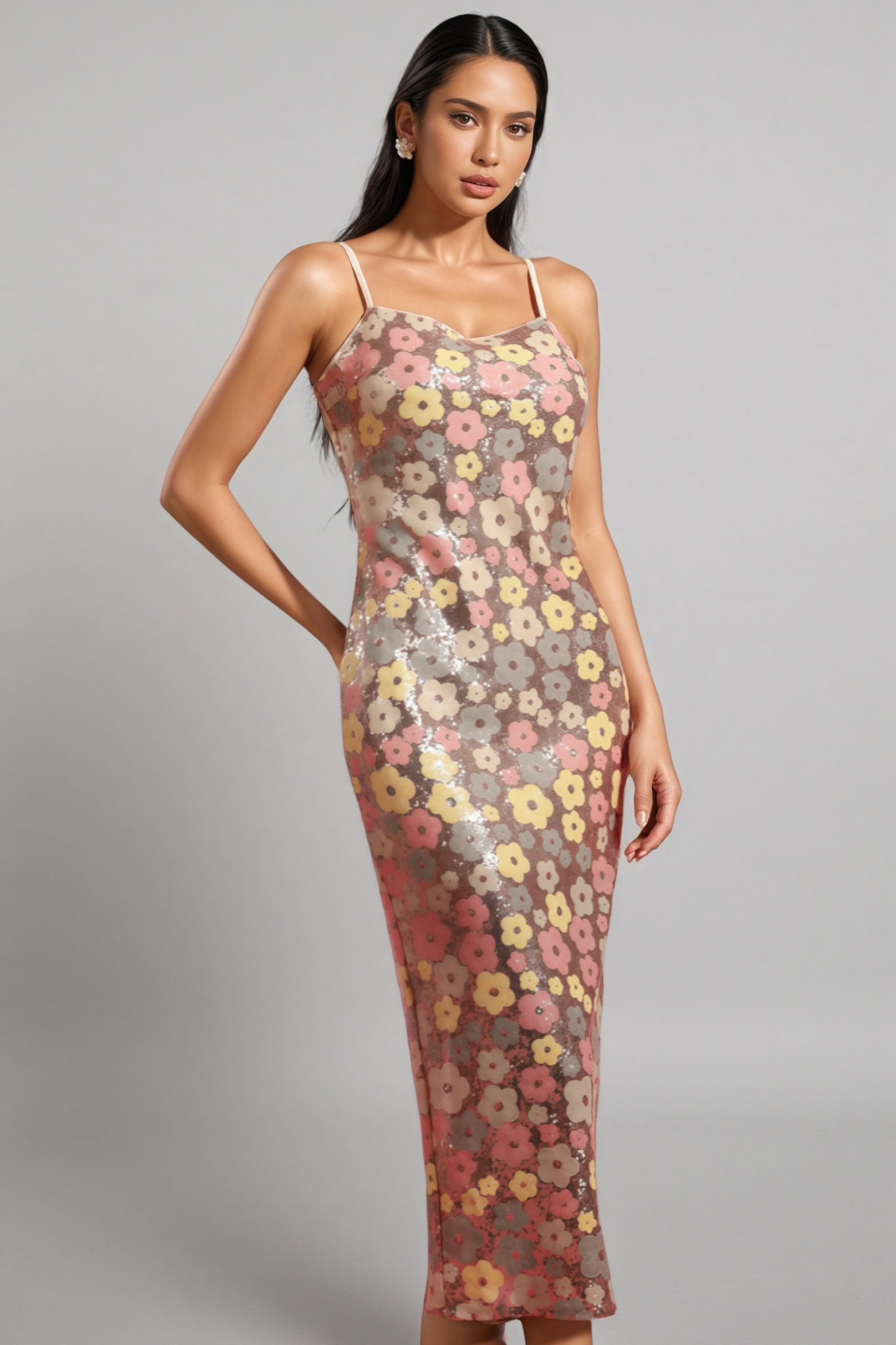 Floral Sequin Spaghetti Strap Bodycon Midi Dress