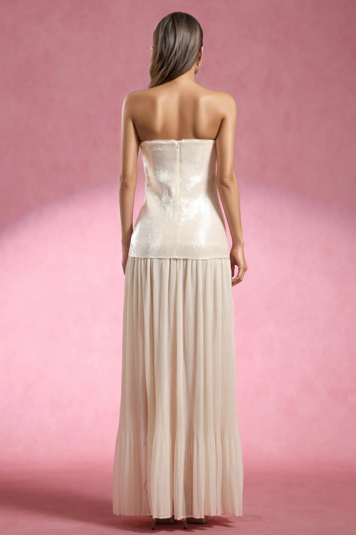 Strapless Sequin Bodice Drop Waist Sheer Pleated Maxi Dress 3