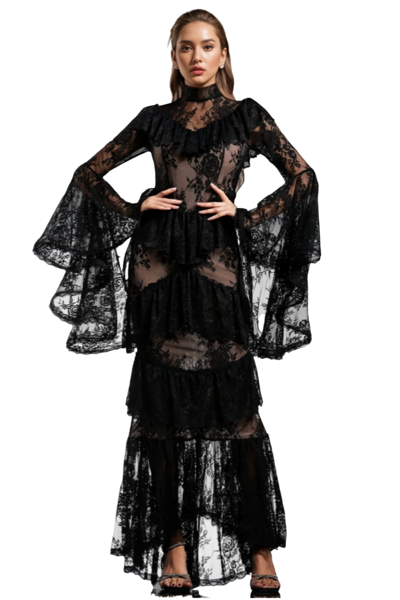 Sheer Lace High Neck Bell Sleeve Tiered Ruffle Maxi Dress