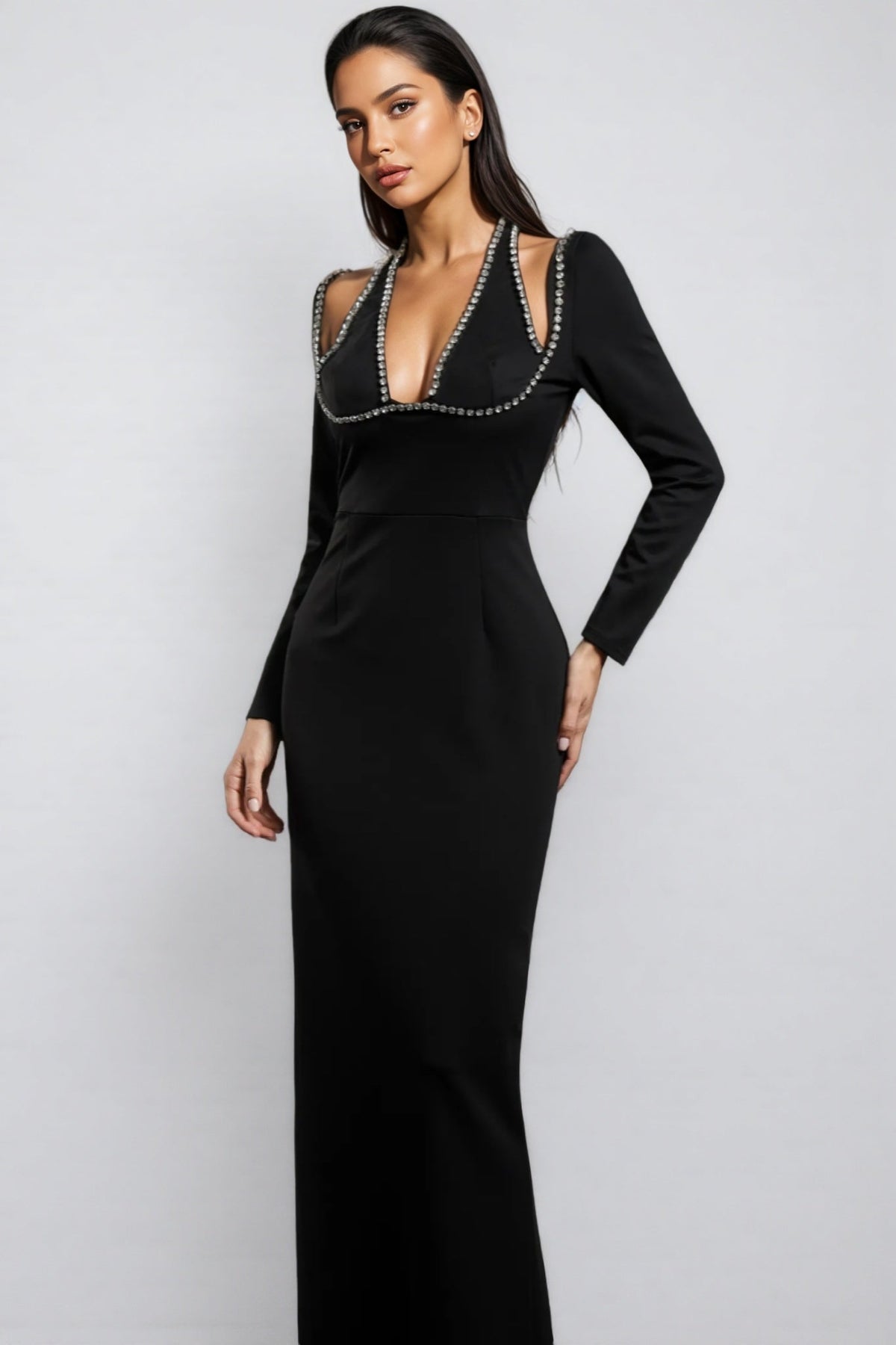 Rhinestone Trim Deep V-Neck Long Sleeve Shoulder Cut Out Column Maxi Dress 5