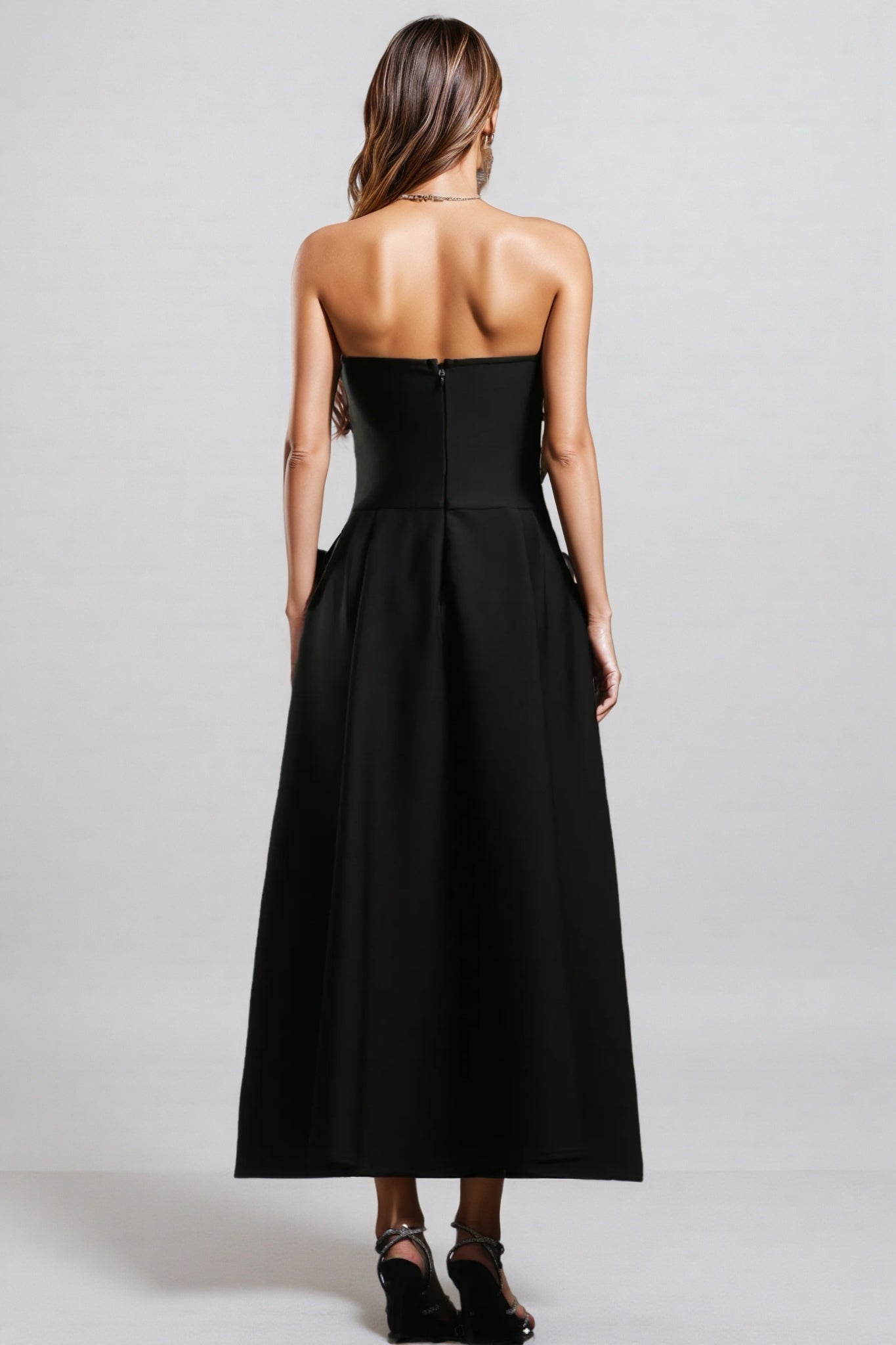 Strapless Rhinestone Lattice Basque Waist Pleated A-Line Maxi Gown