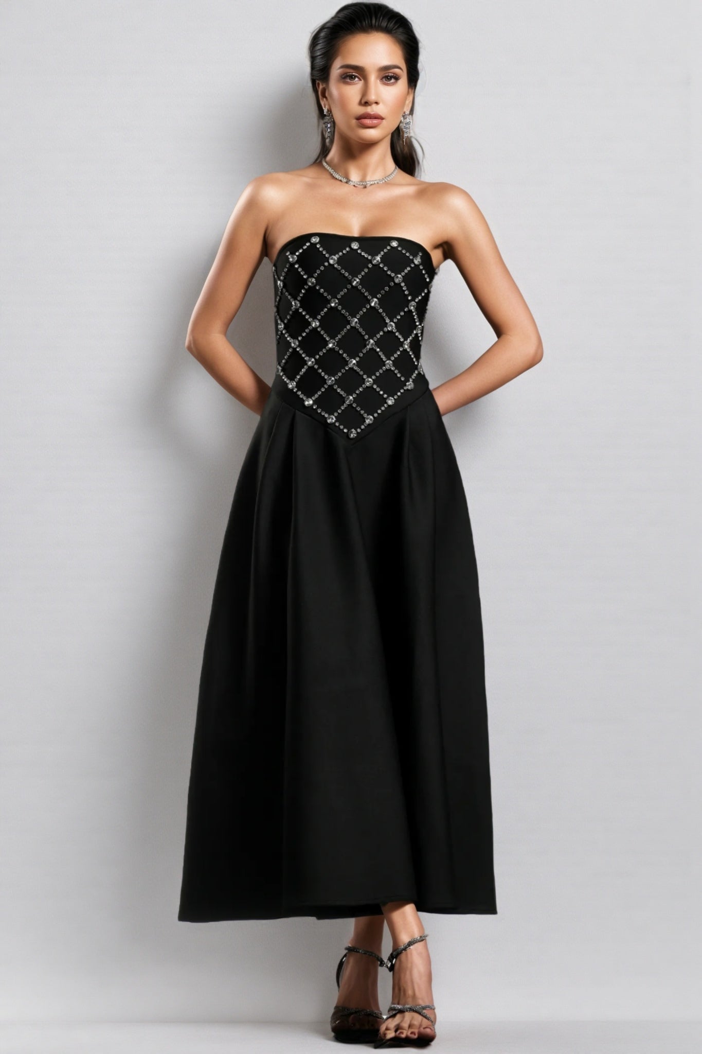 Strapless Rhinestone Lattice Basque Waist Pleated A-Line Maxi Gown