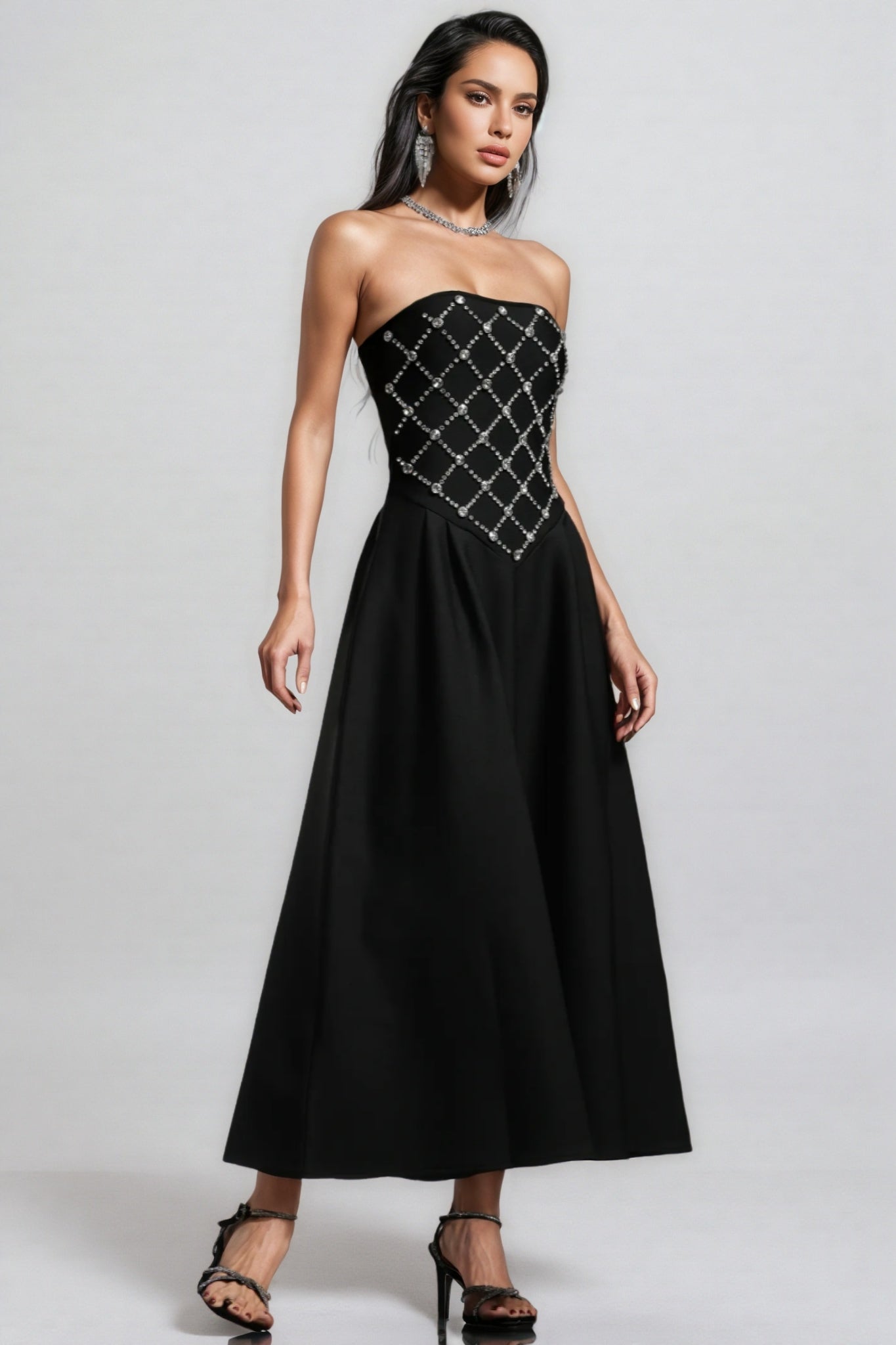 Strapless Rhinestone Lattice Basque Waist Pleated A-Line Maxi Gown