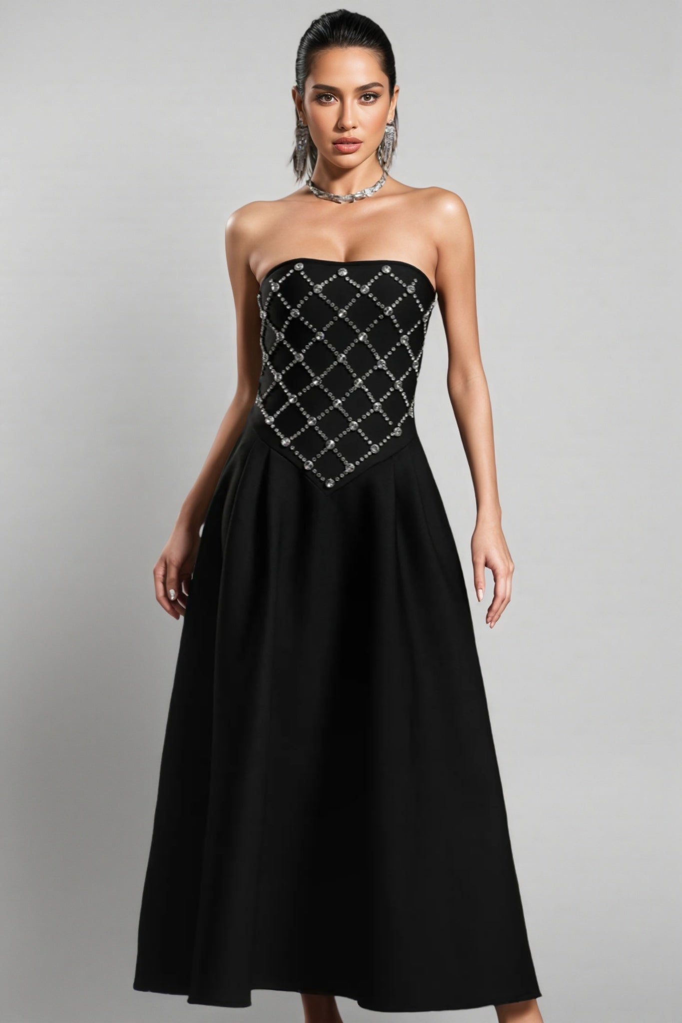 Strapless Rhinestone Lattice Basque Waist Pleated A-Line Maxi Gown