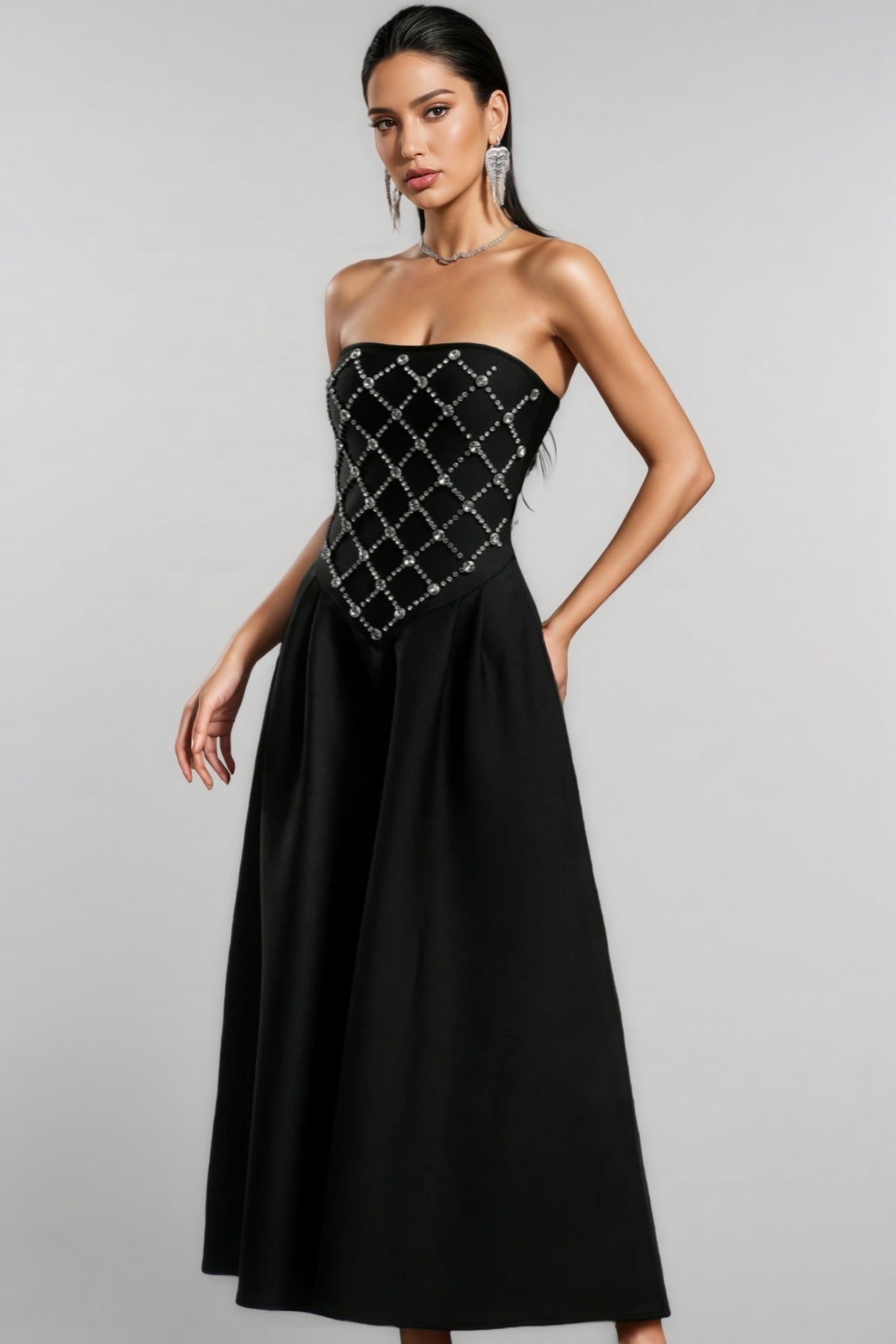 Strapless Rhinestone Lattice Basque Waist Pleated A-Line Maxi Gown