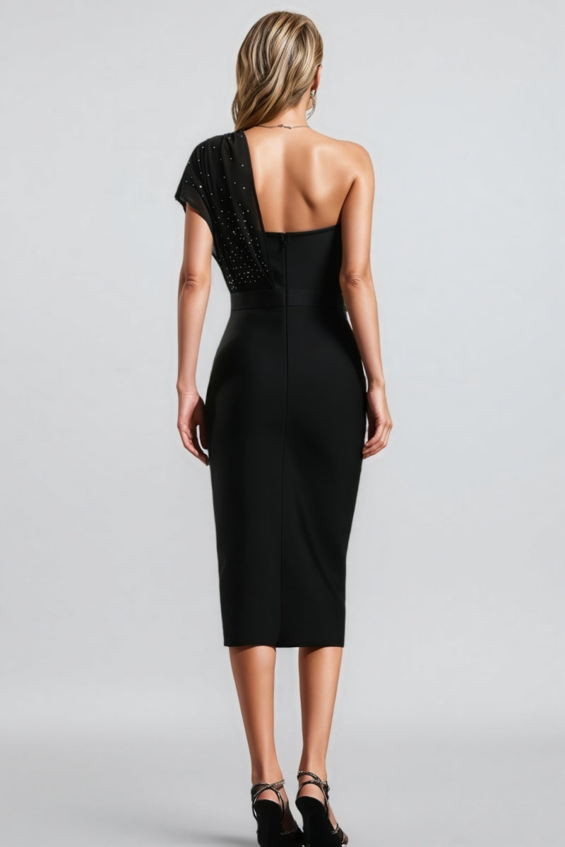 One Shoulder Rhinestone Sheer Drape Sash Bandage Midi Dress