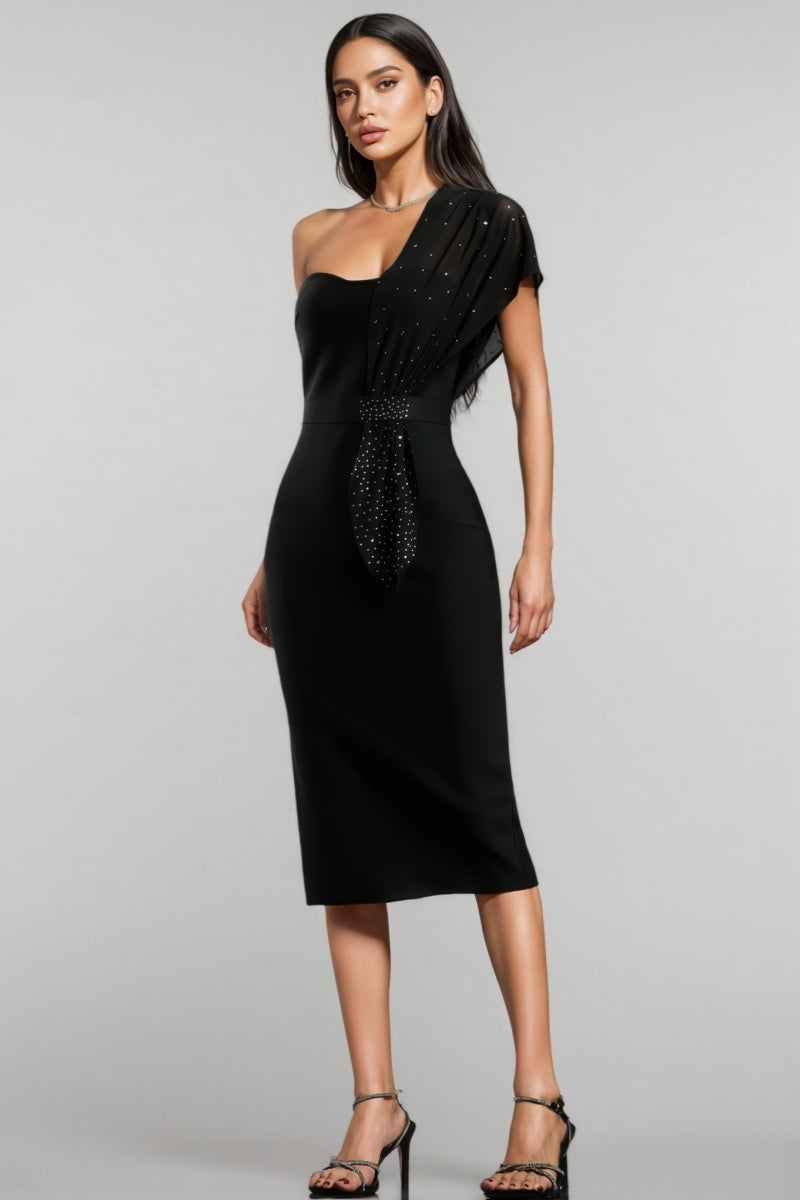 One Shoulder Rhinestone Sheer Drape Sash Bandage Midi Dress