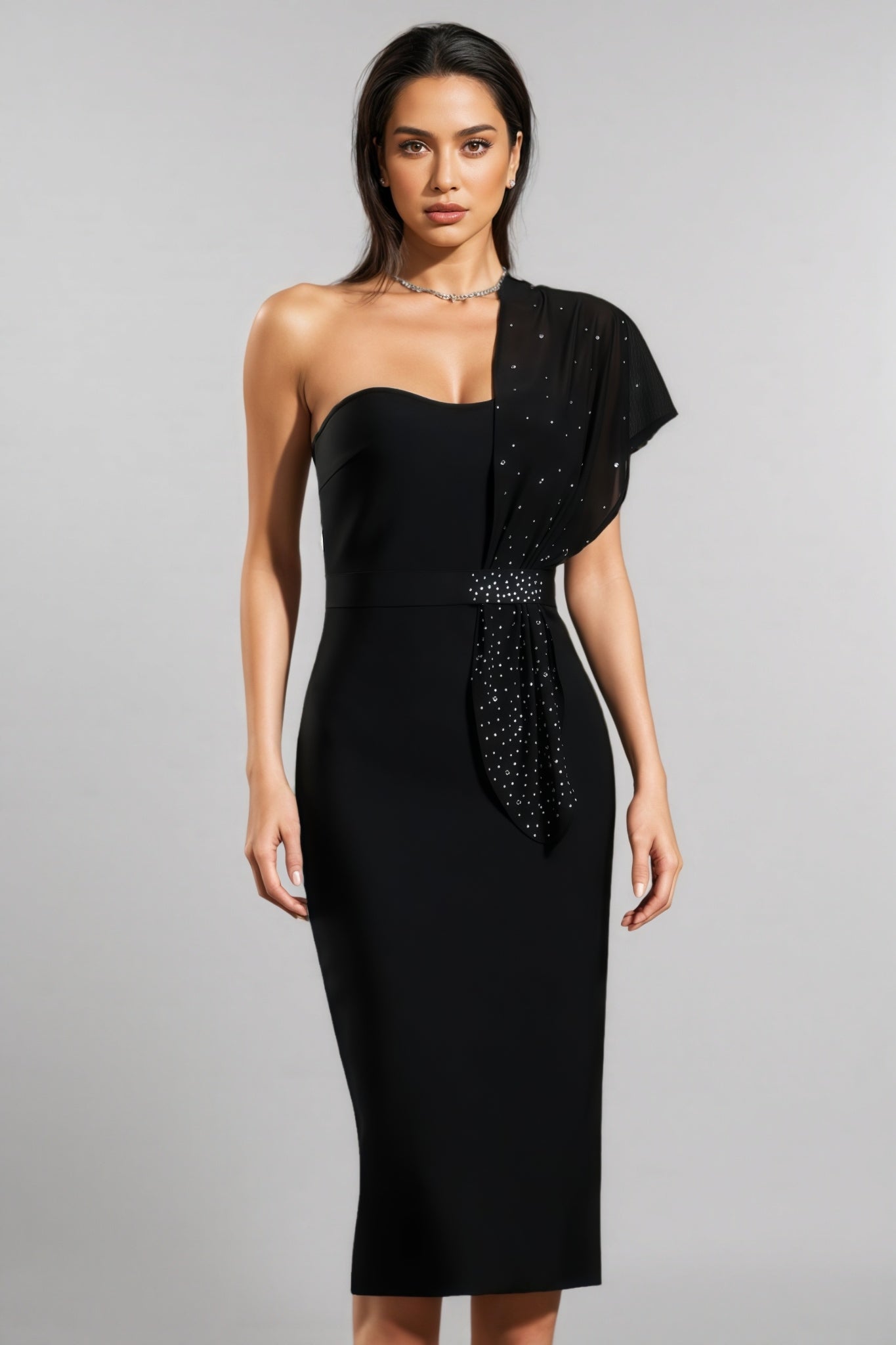 One Shoulder Rhinestone Sheer Drape Sash Bandage Midi Dress