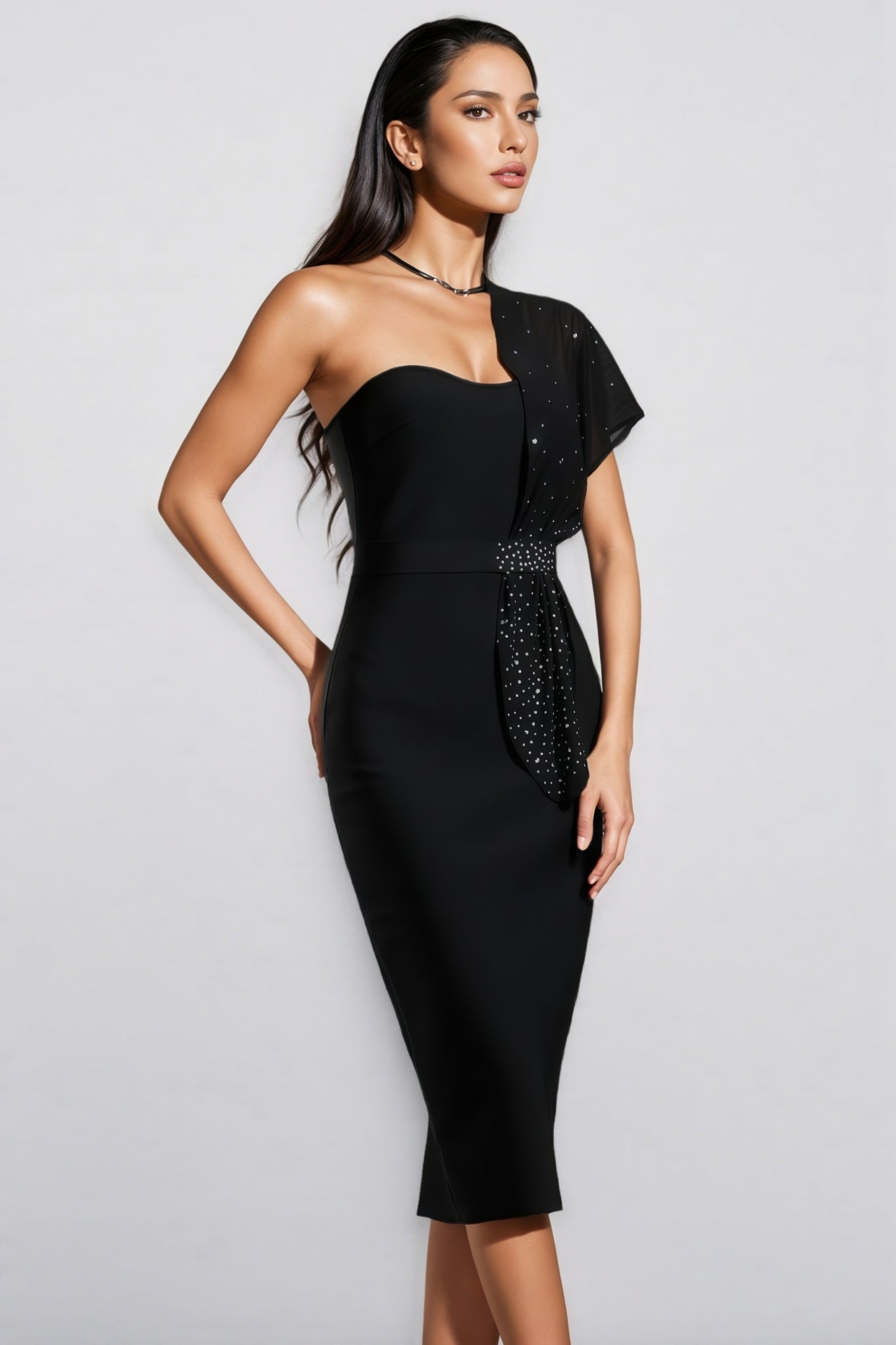 One Shoulder Rhinestone Sheer Drape Sash Bandage Midi Dress
