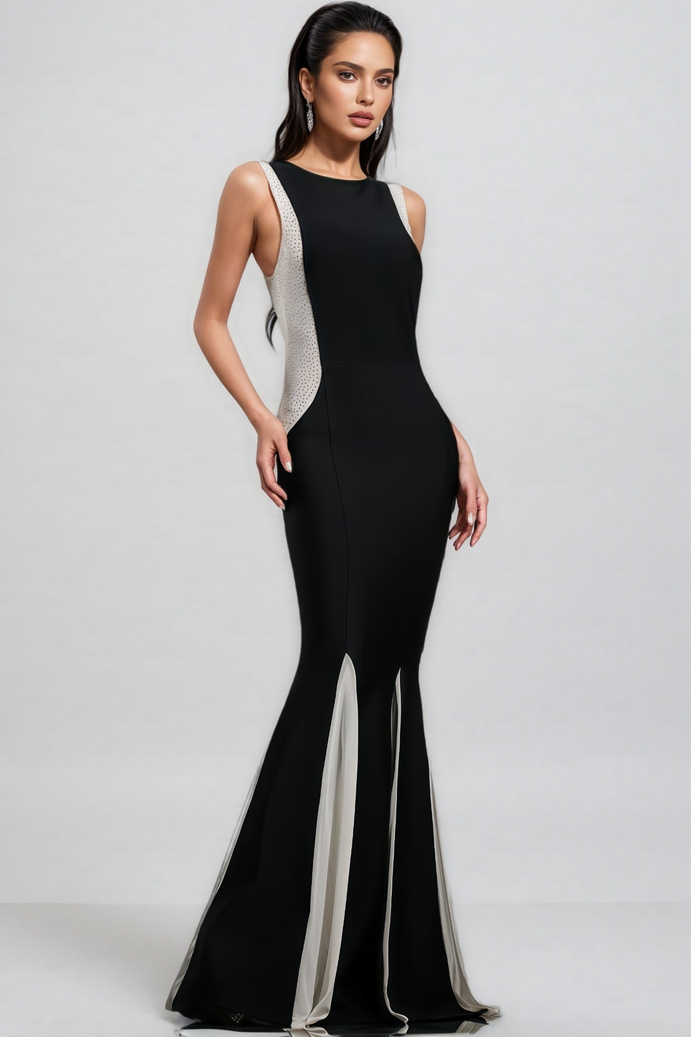 Rhinestone Side Panel Godet Insert Sleeveless Mermaid Bandage Maxi Gown