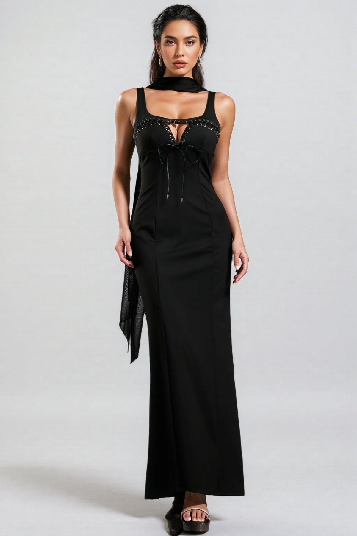 Lace Up Keyhole Grommet Trim Neck Scarf Bandage Maxi Gown
