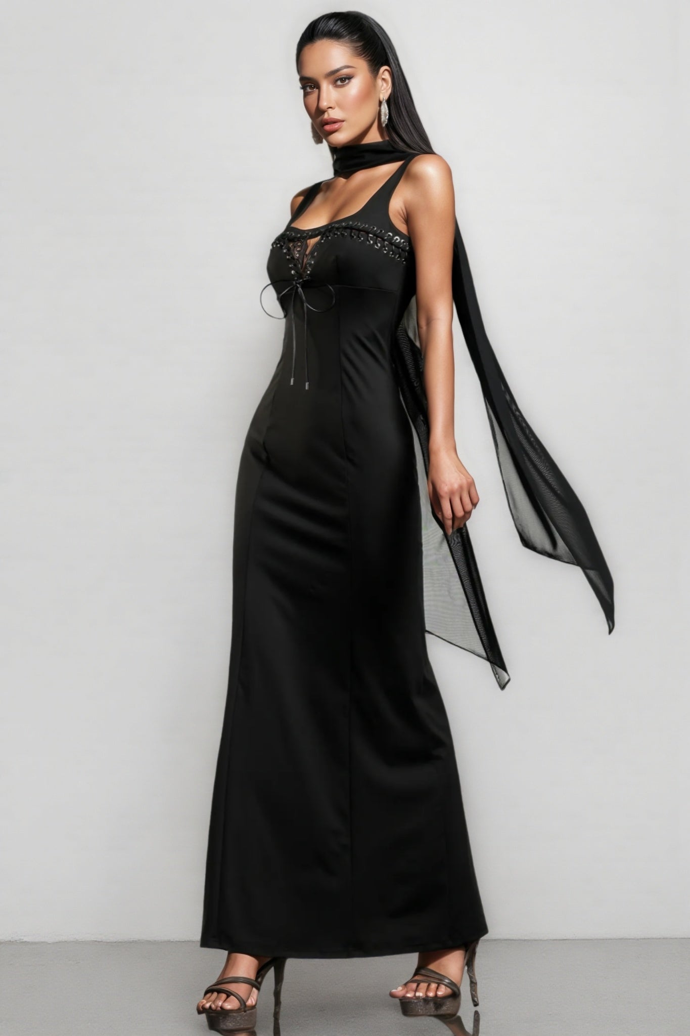 Lace Up Keyhole Grommet Trim Neck Scarf Bandage Maxi Gown
