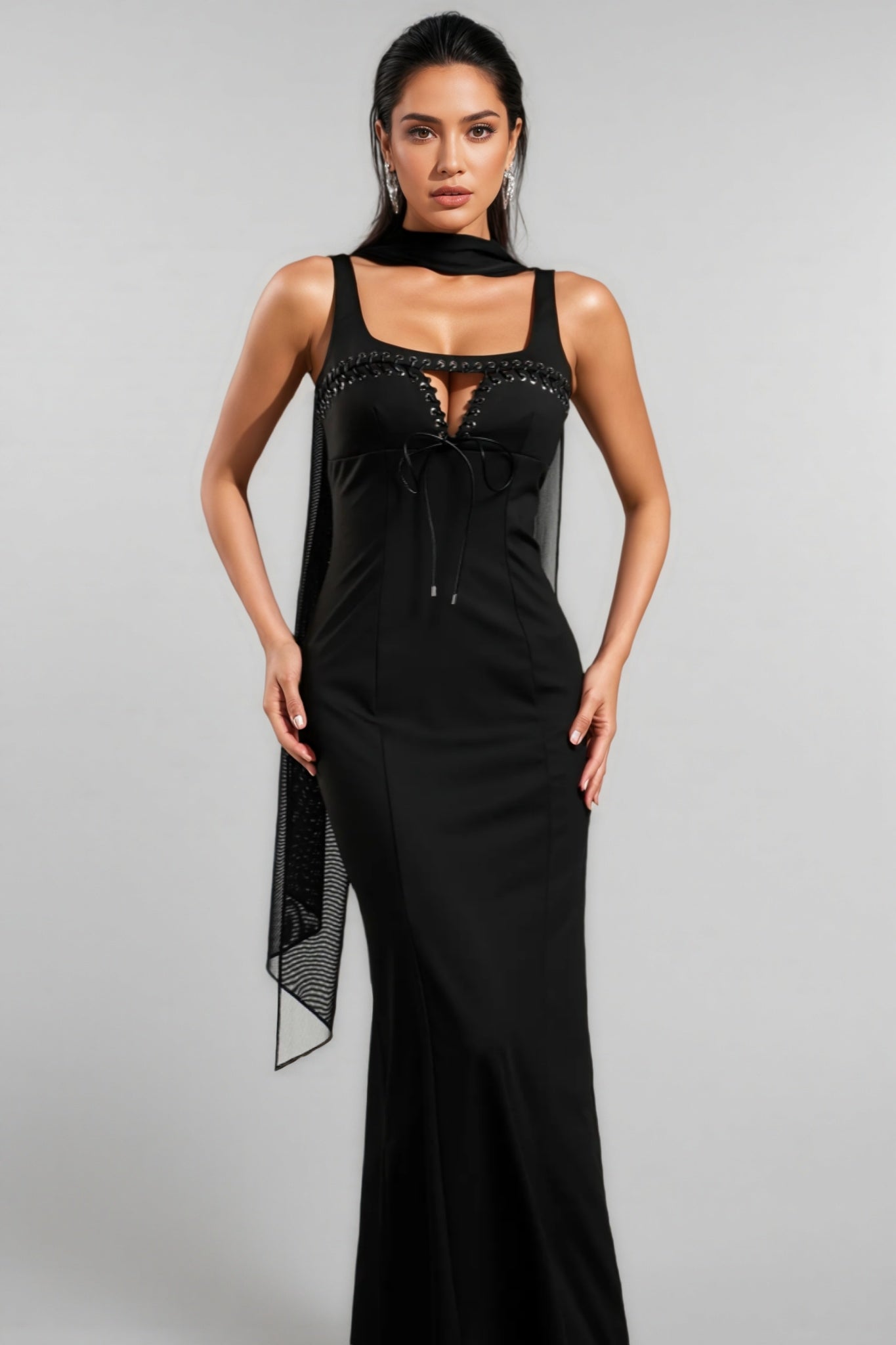 Lace Up Keyhole Grommet Trim Neck Scarf Bandage Maxi Gown