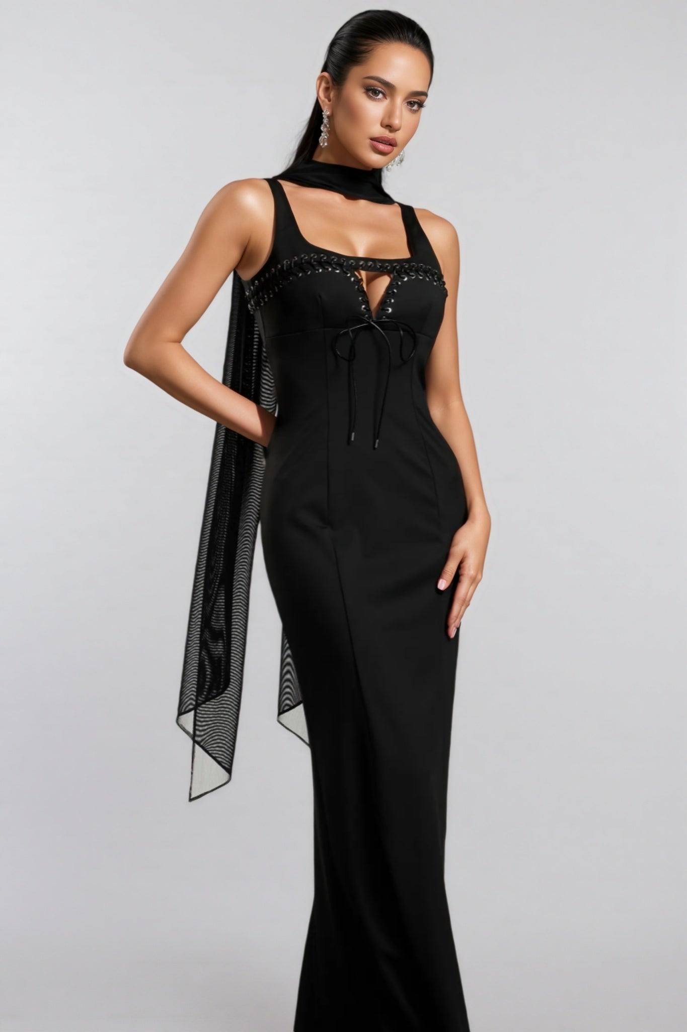 Lace Up Keyhole Grommet Trim Neck Scarf Bandage Maxi Gown