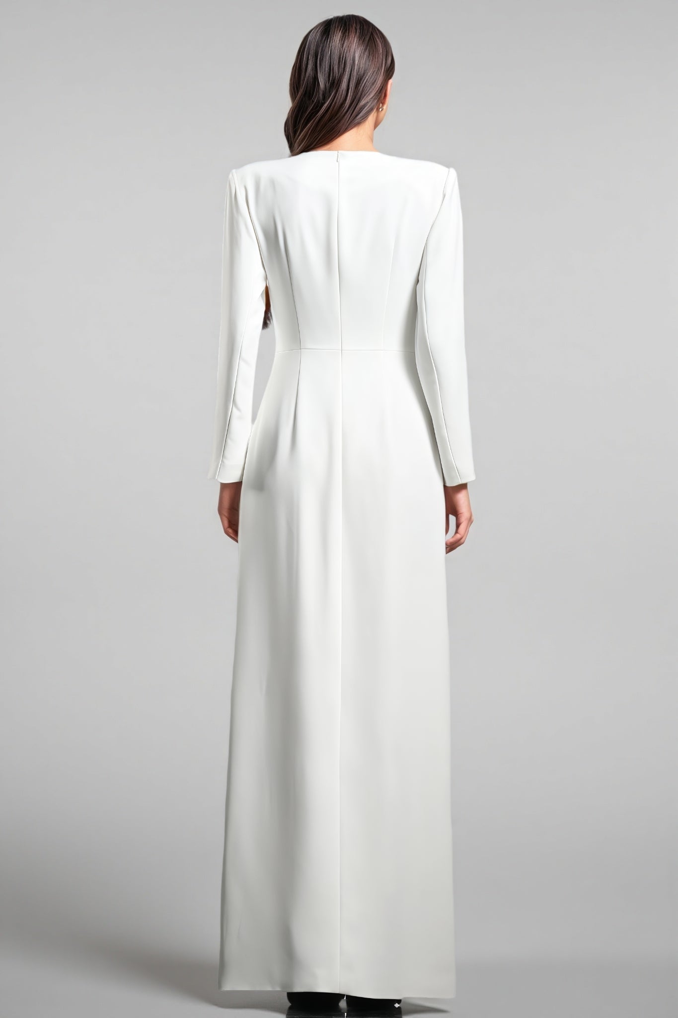 Beaded Floral Applique Long Sleeve Crew Neck High Split Column Maxi Gown