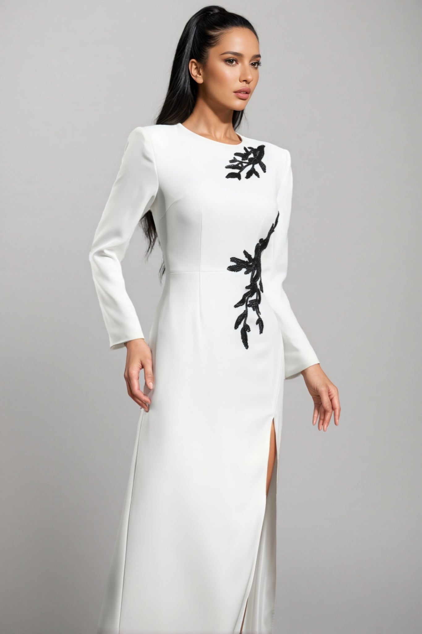 Beaded Floral Applique Long Sleeve Crew Neck High Split Column Maxi Gown