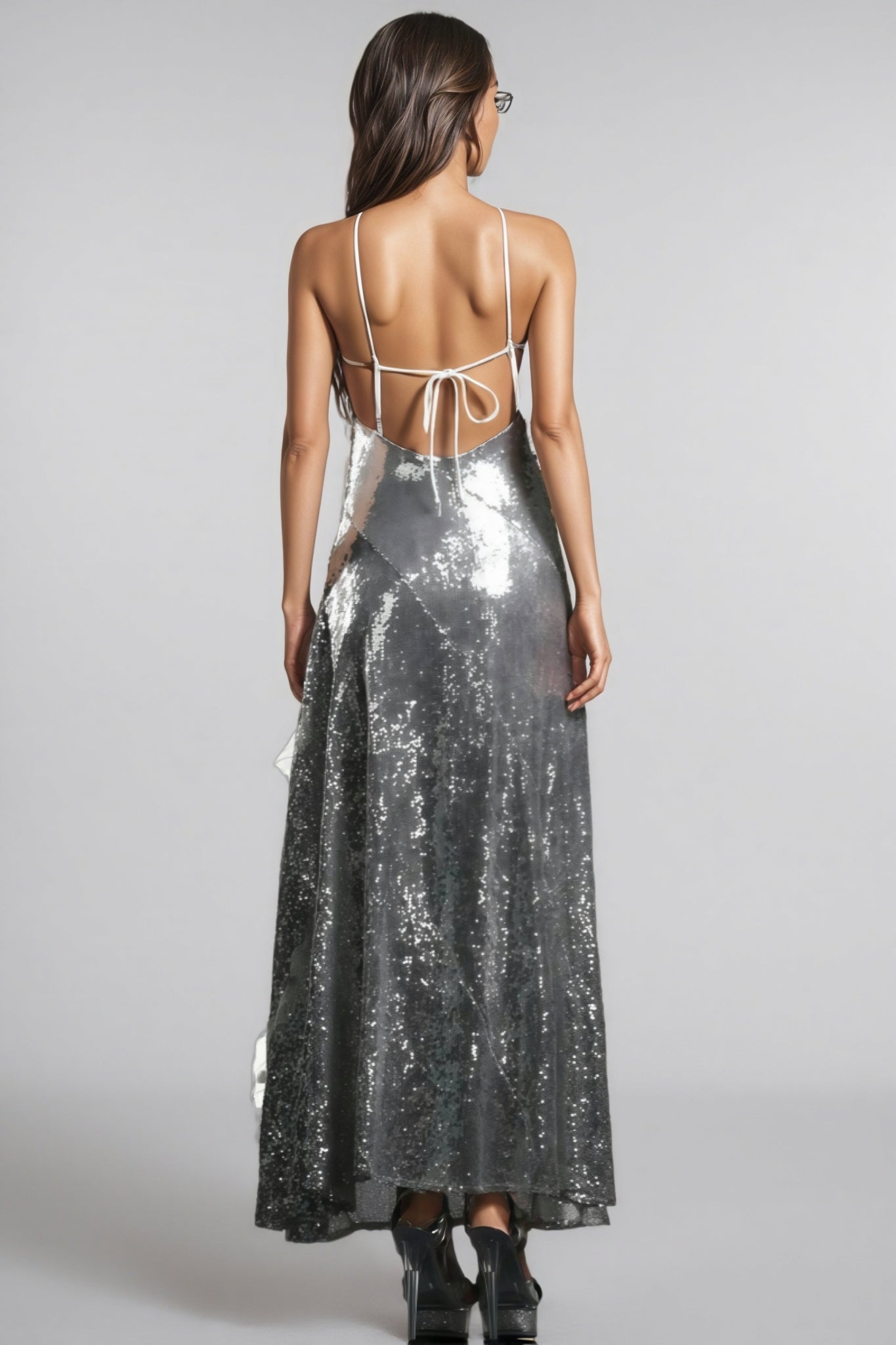 Sequin Halter Neck Organza Ruffle A-Line Maxi Dress